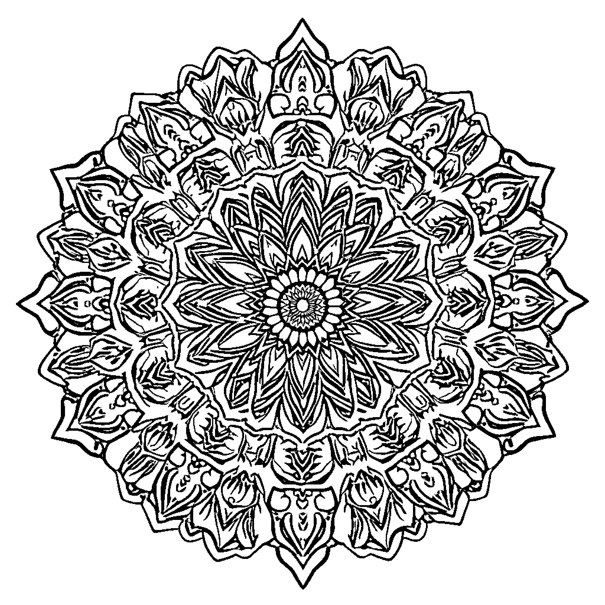 Mandala of detailed floral patterns and symmetrical shapes Coloring Page (free black-and-white line drawing printable PDF for all, from beginners to advanced learners, including children, teens, adults, and seniors)