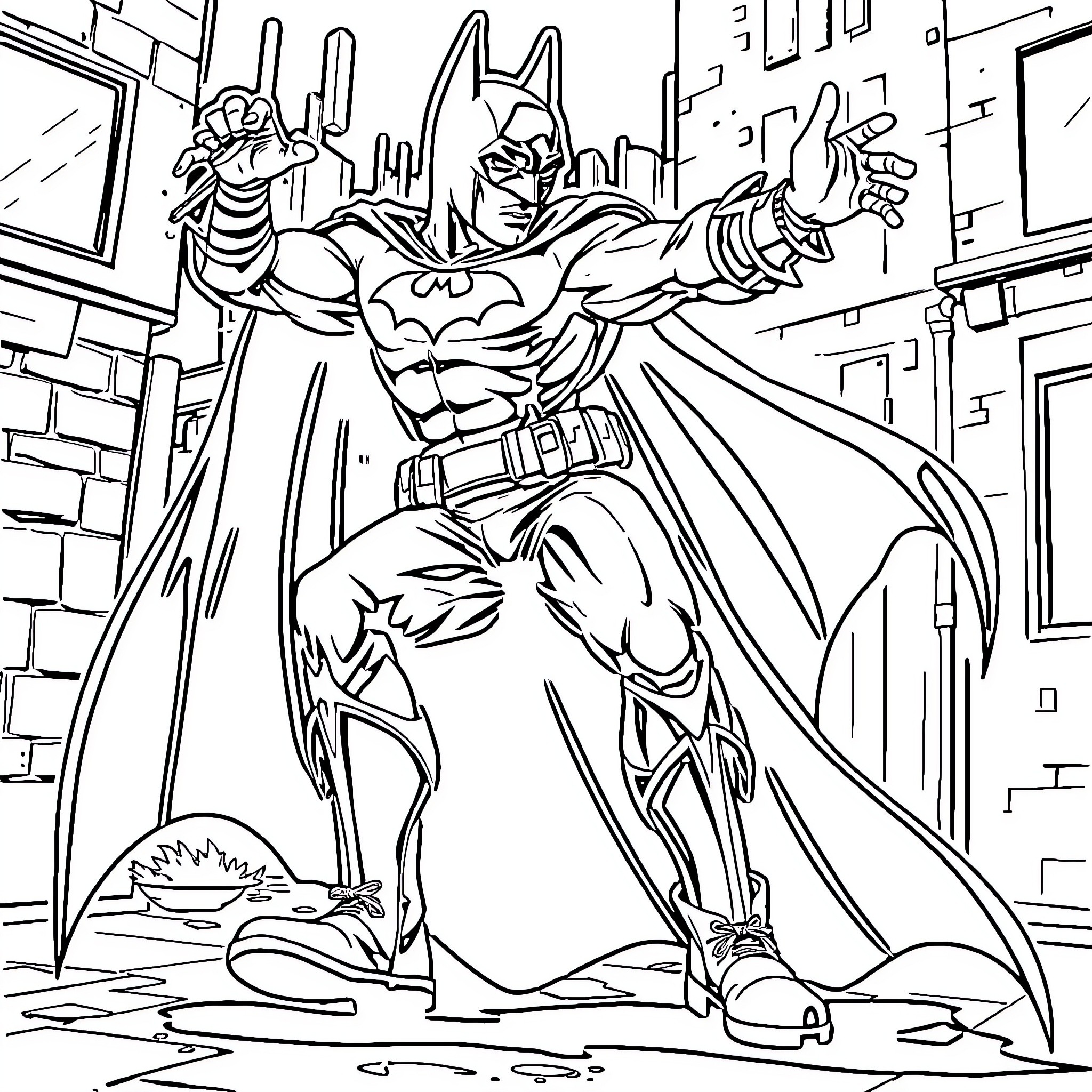 Batman Soaring Through the Gotham City Skyline Coloring Page (free black-and-white line drawing printable PDF for all, from beginners to advanced learners, including children, teens, adults, and seniors)