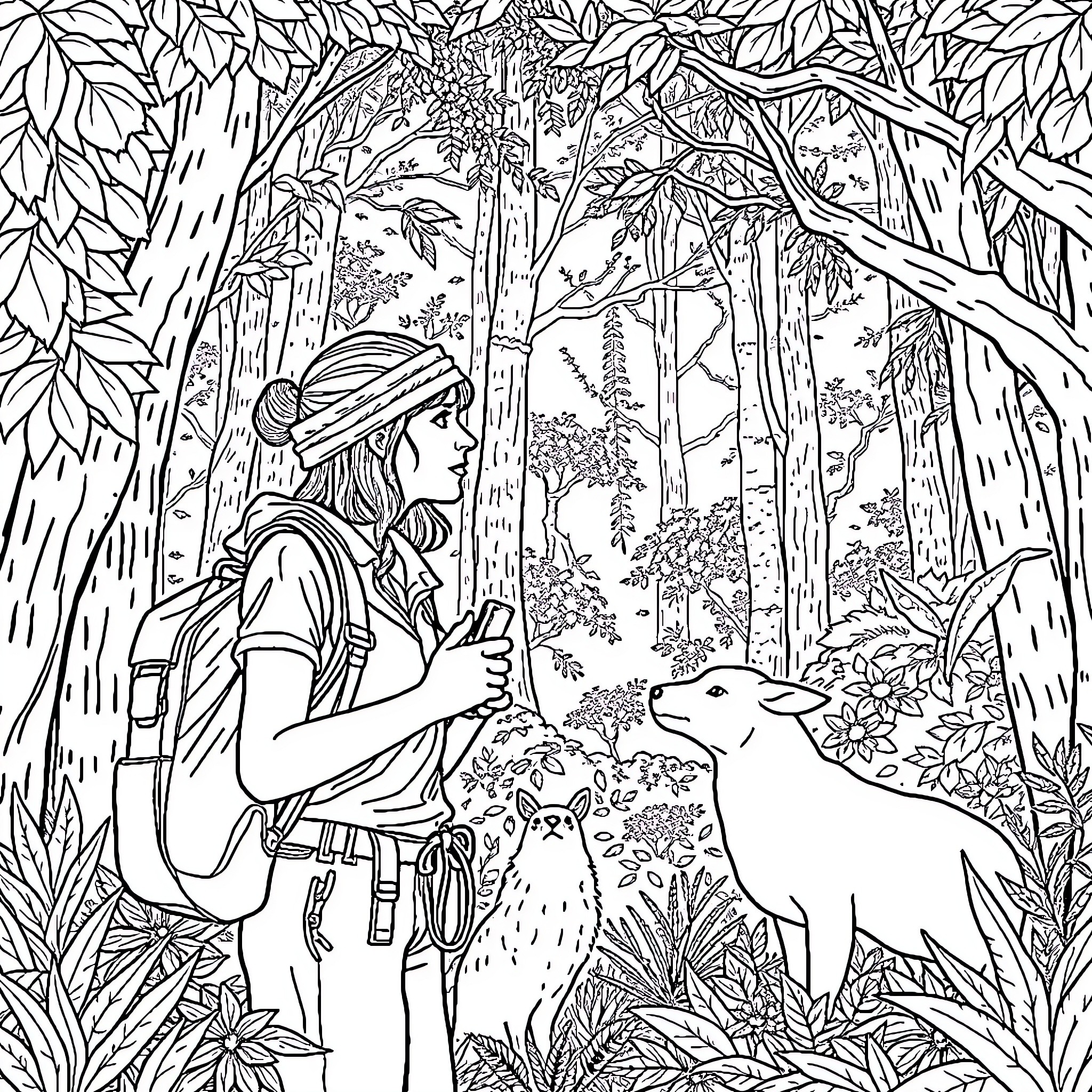 Woman exploring serene forest landscape with wildlife Coloring Page (free black-and-white line drawing printable PDF for all, from beginners to advanced learners, including children, teens, adults, and seniors)