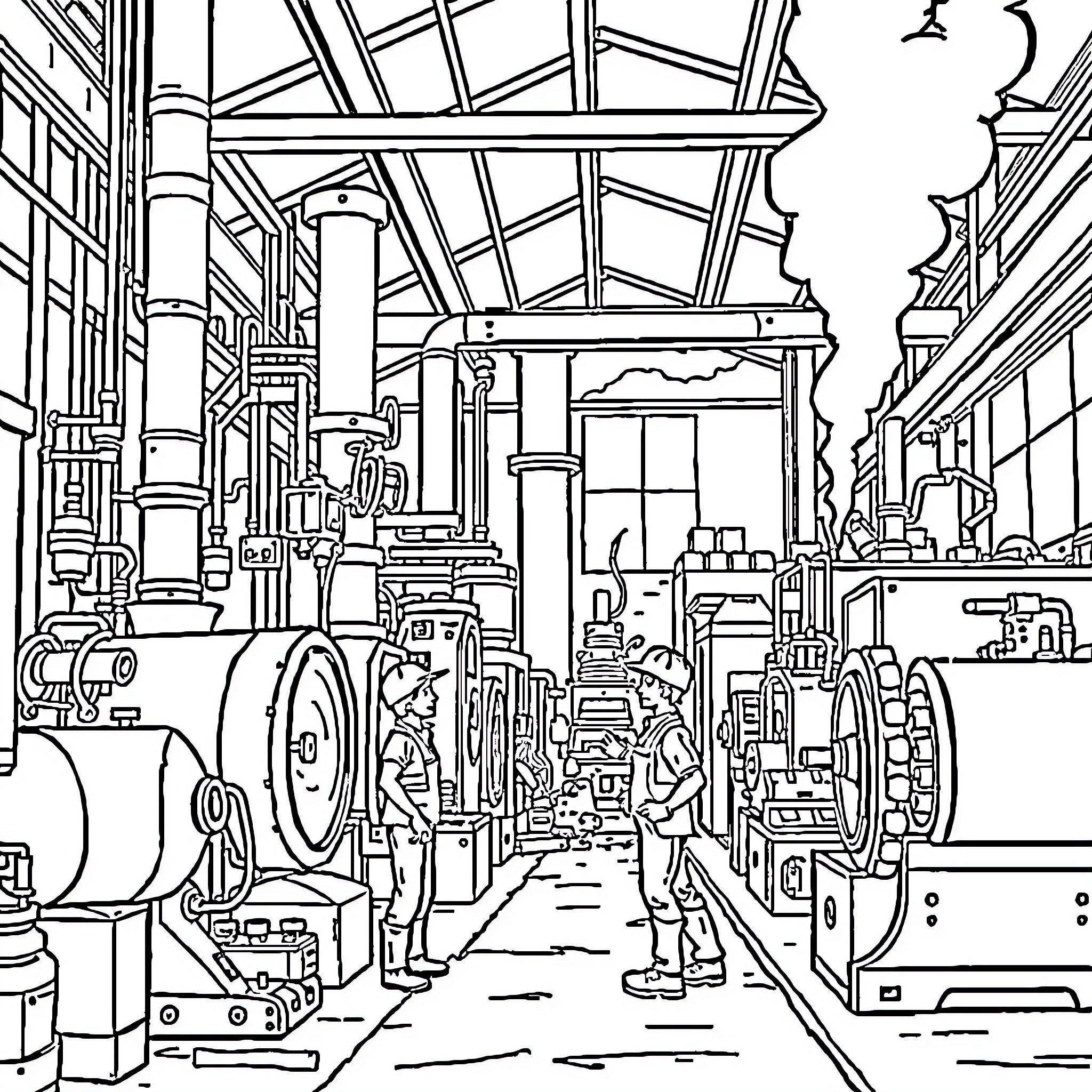 Factory Machinery and Equipment in Industrial Setting Coloring Page (free black-and-white line drawing printable PDF for all, from beginners to advanced learners, including children, teens, adults, and seniors)