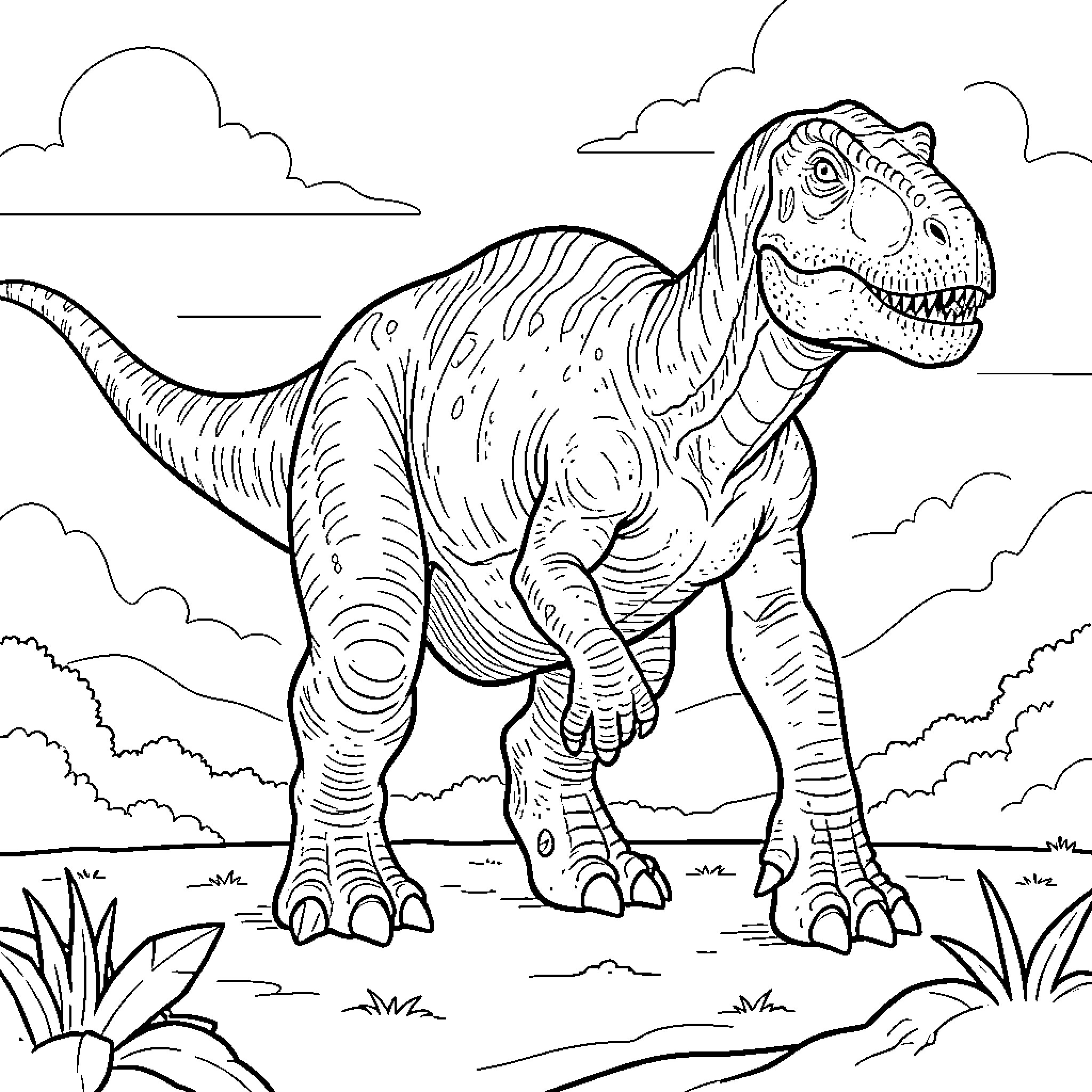 Dinosaur walking through a prehistoric landscape Coloring Page (free black-and-white line drawing printable PDF for all, from beginners to advanced learners, including children, teens, adults, and seniors)