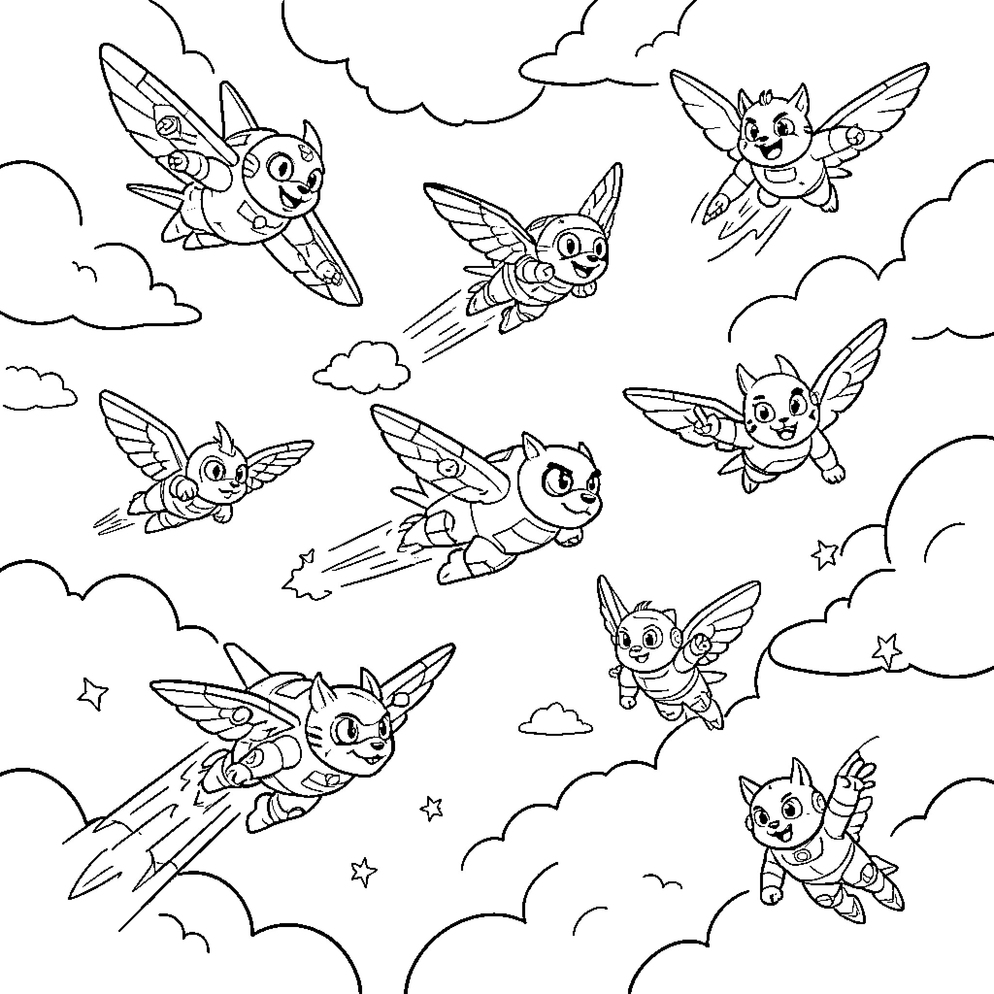 Zimg flying creatures in a cloudy sky Coloring Page (free black-and-white line drawing printable PDF for all, from beginners to advanced learners, including children, teens, adults, and seniors)