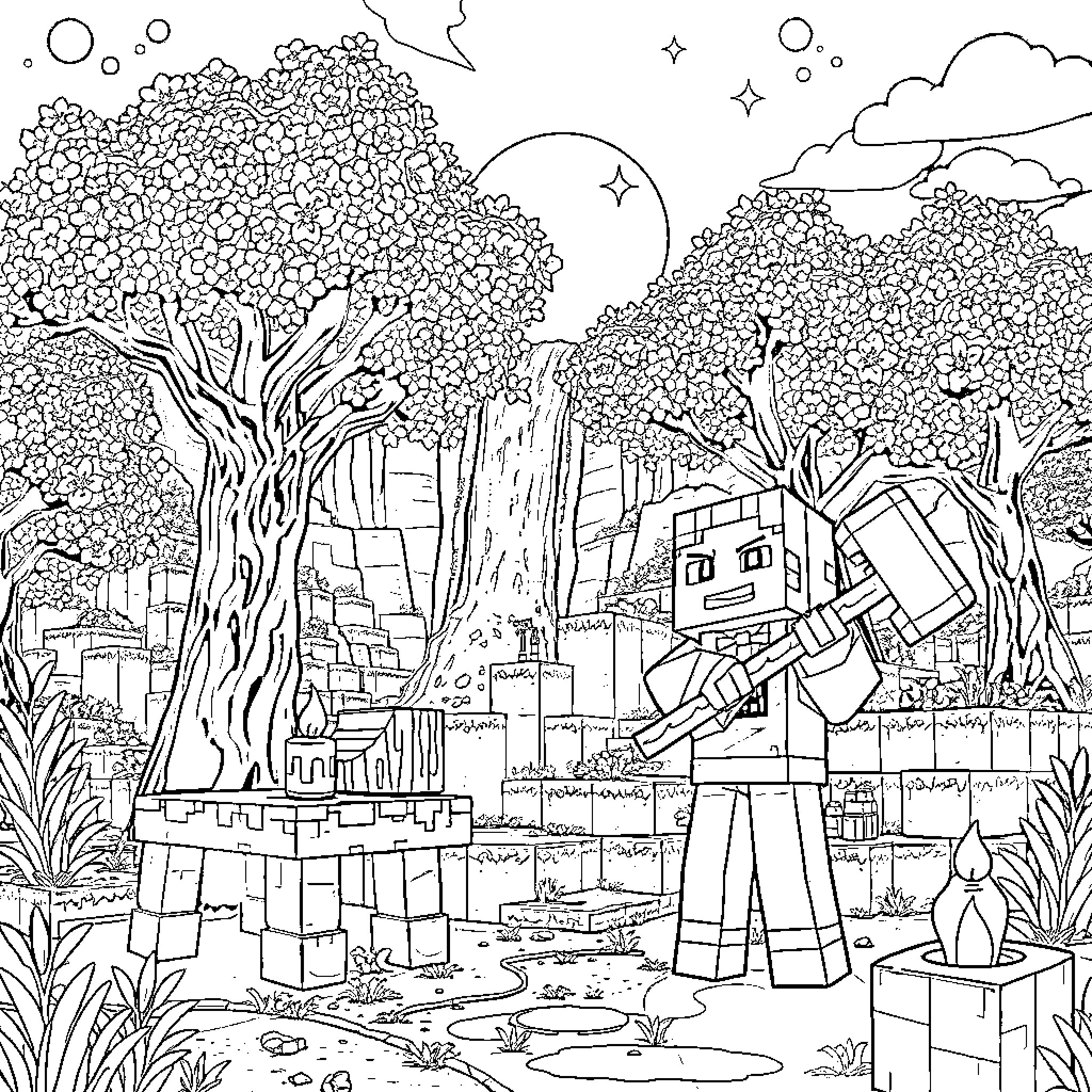 Minecraft Character Exploring Enchanted Forest Landscape Coloring Page (free black-and-white line drawing printable PDF for all, from beginners to advanced learners, including children, teens, adults, and seniors)