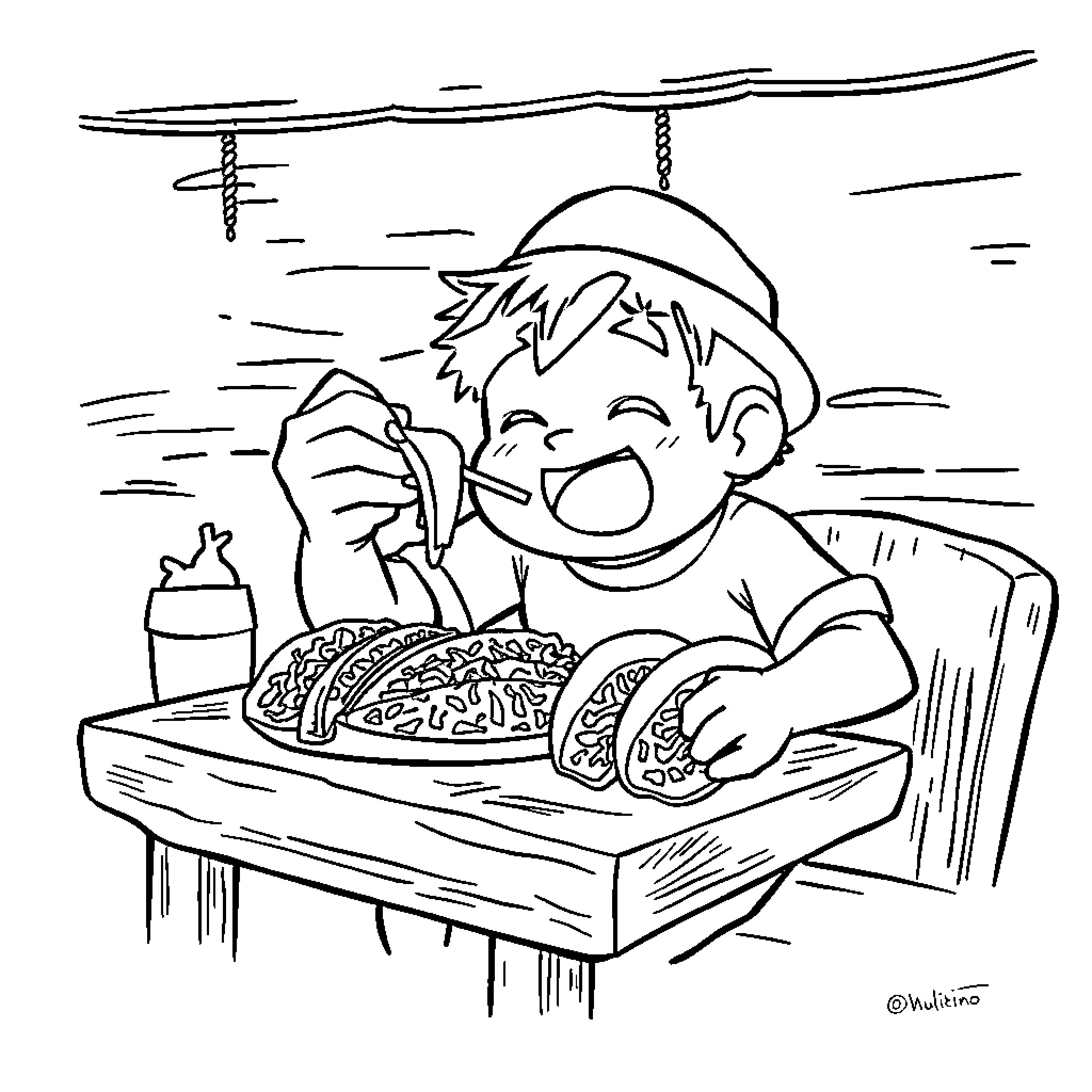 Tokito Muichiro enjoying a hearty meal Coloring Page (free black-and-white line drawing printable PDF for all, from beginners to advanced learners, including children, teens, adults, and seniors)