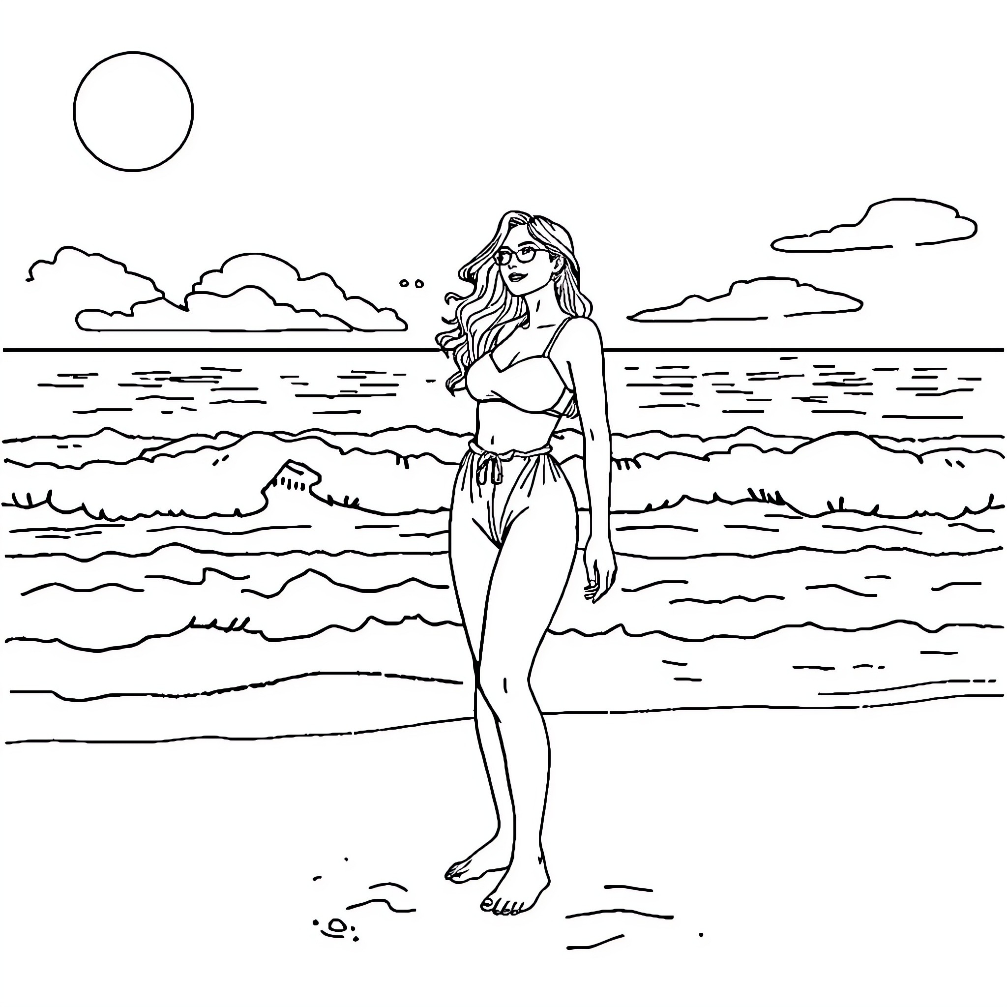 Woman enjoying the beach scenery Coloring Page (free black-and-white line drawing printable PDF for all, from beginners to advanced learners, including children, teens, adults, and seniors)