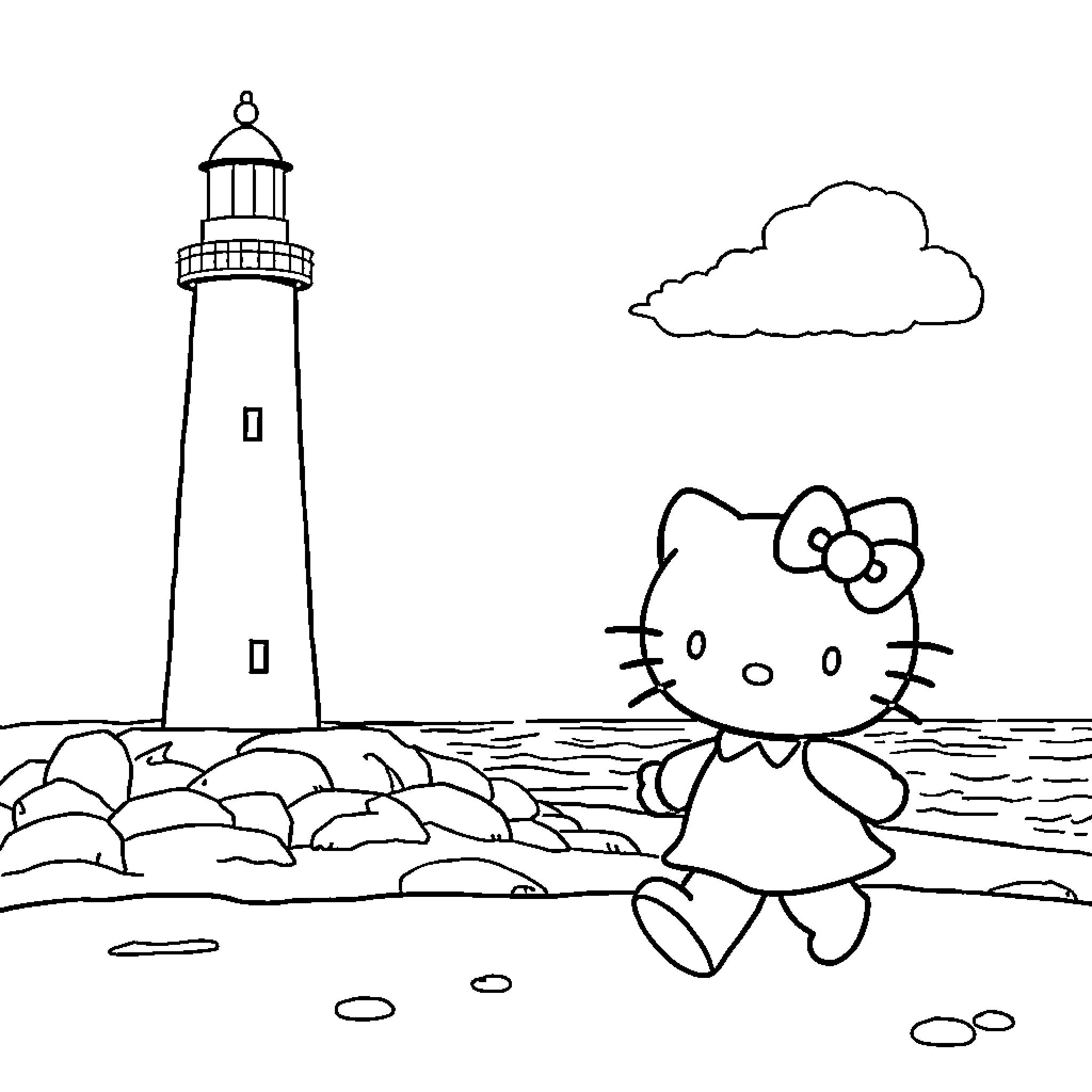 Hello Kitty explores a seaside lighthouse Coloring Page (free black-and-white line drawing printable PDF for all, from beginners to advanced learners, including children, teens, adults, and seniors)