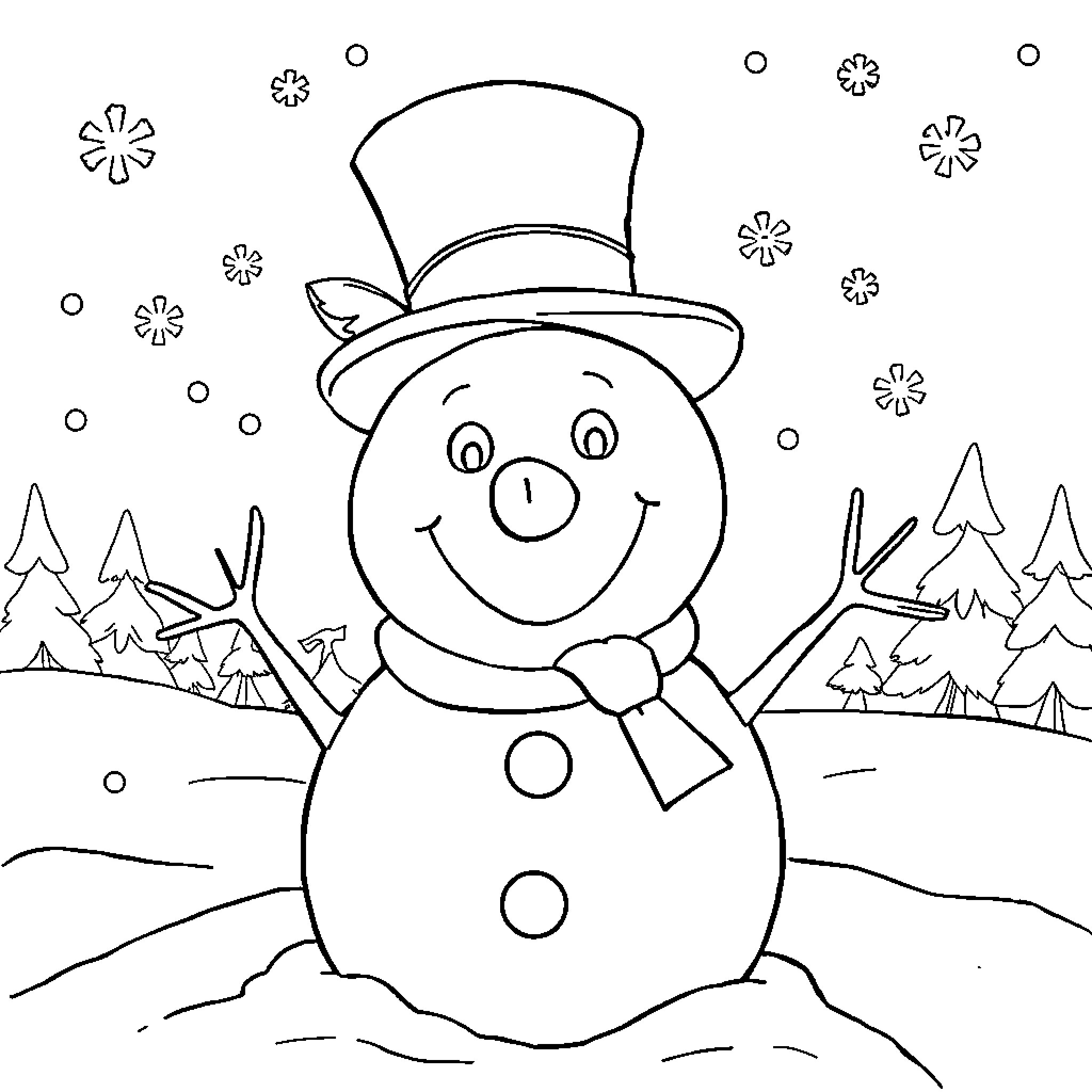 Frosty Snowman in Snowy Landscape Coloring Page (free black-and-white line drawing printable PDF for all, from beginners to advanced learners, including children, teens, adults, and seniors)