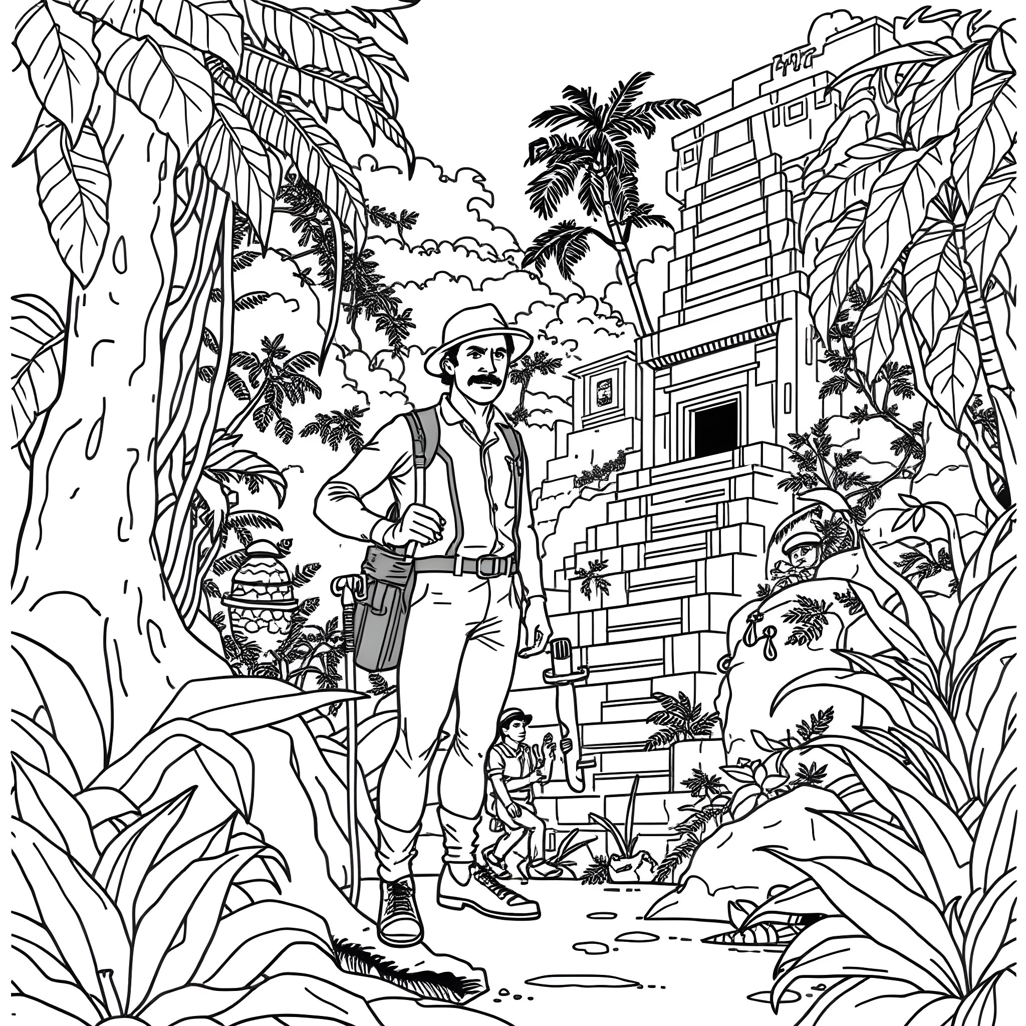 Hiram Bingham exploring the Andes jungle Coloring Page (free black-and-white line drawing printable PDF for all, from beginners to advanced learners, including children, teens, adults, and seniors)