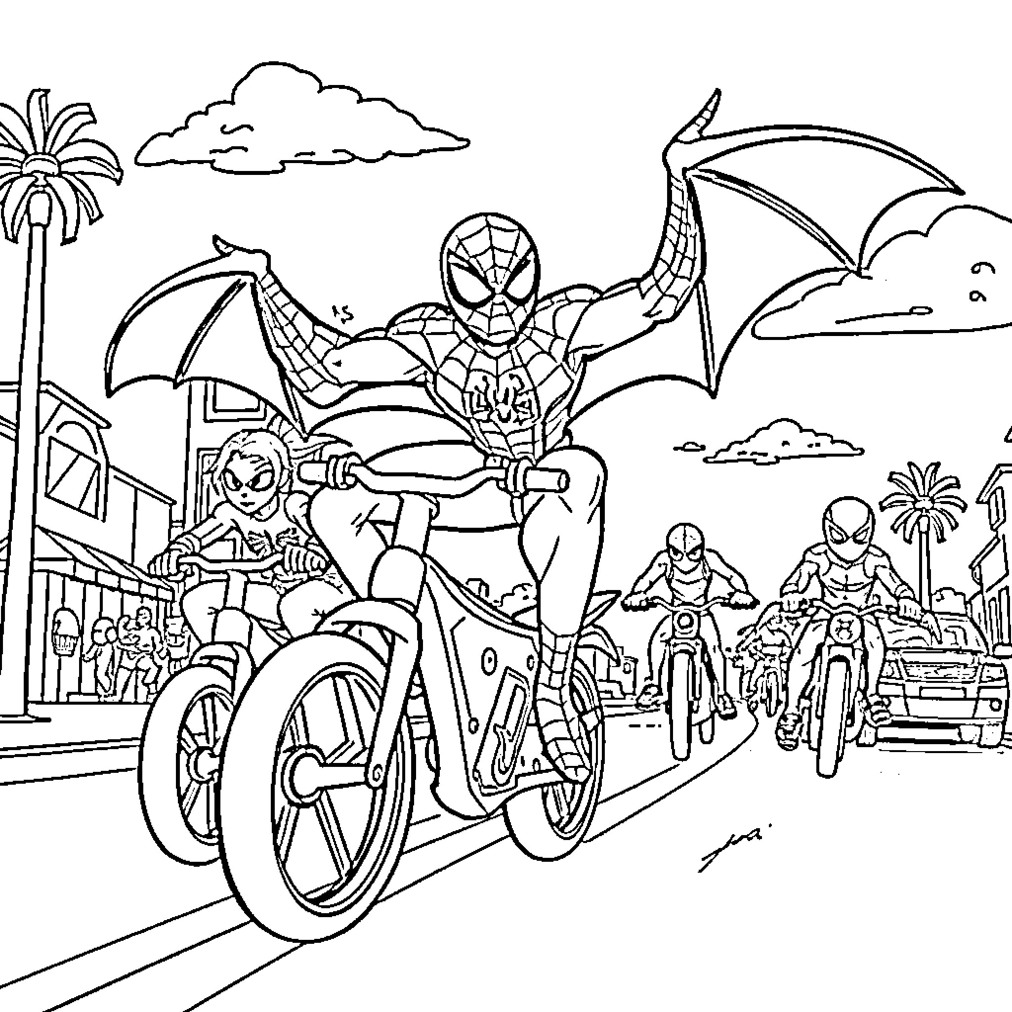 Spidey's High-Speed Heroics on Wheels Coloring Page (free black-and-white line drawing printable PDF for all, from beginners to advanced learners, including children, teens, adults, and seniors)