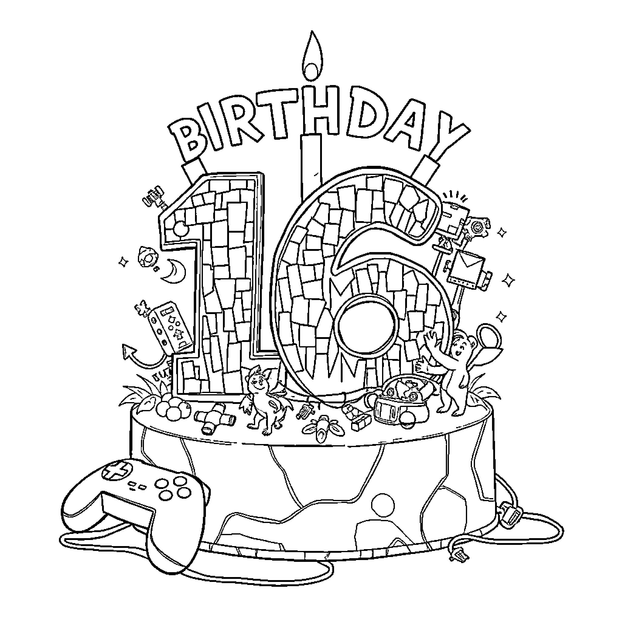 Birthday Cake with Gaming Decorations and Accessories Coloring Page (free black-and-white line drawing printable PDF for all, from beginners to advanced learners, including children, teens, adults, and seniors)