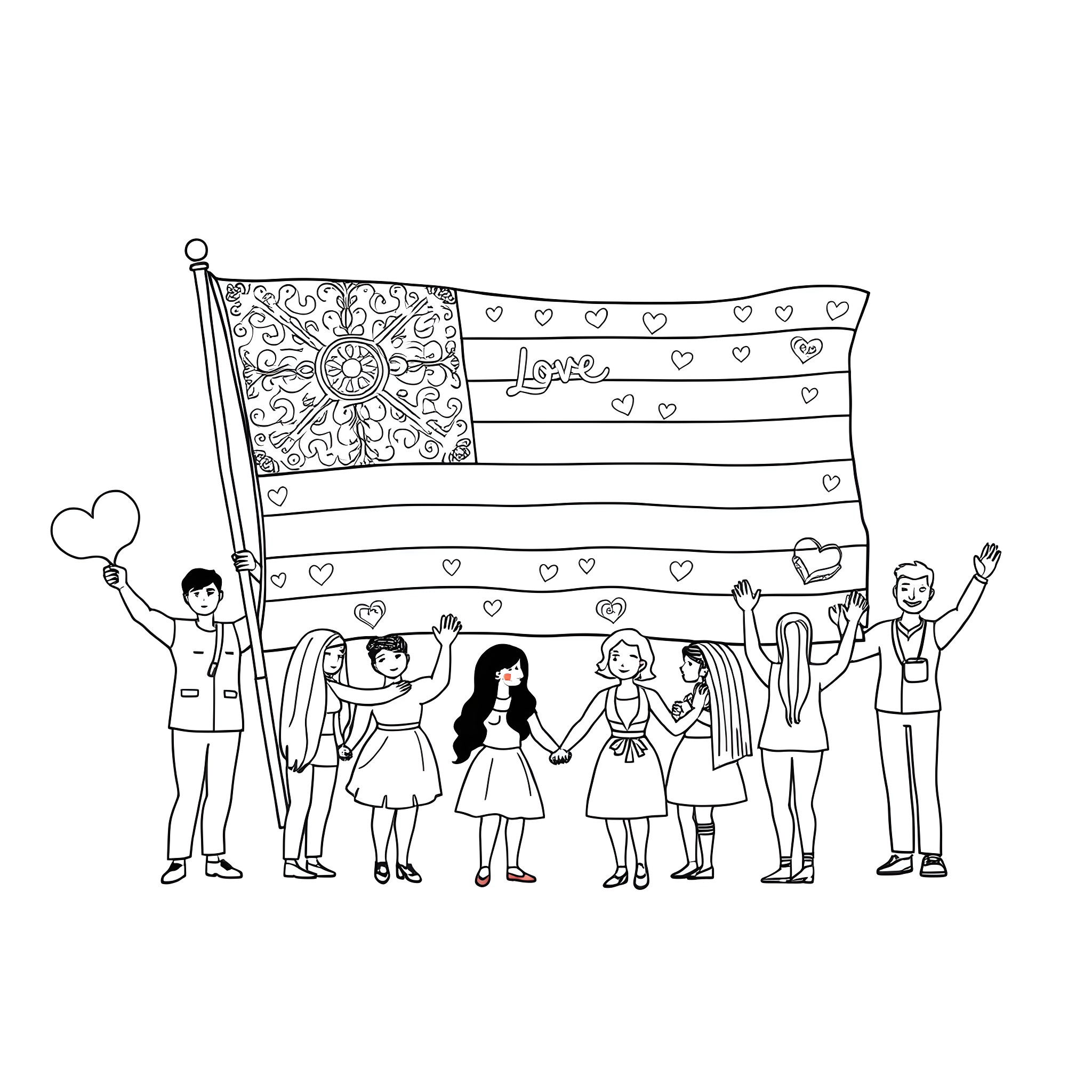 Pride in Celebration with Loved Ones Coloring Page (free black-and-white line drawing printable PDF for all, from beginners to advanced learners, including children, teens, adults, and seniors)