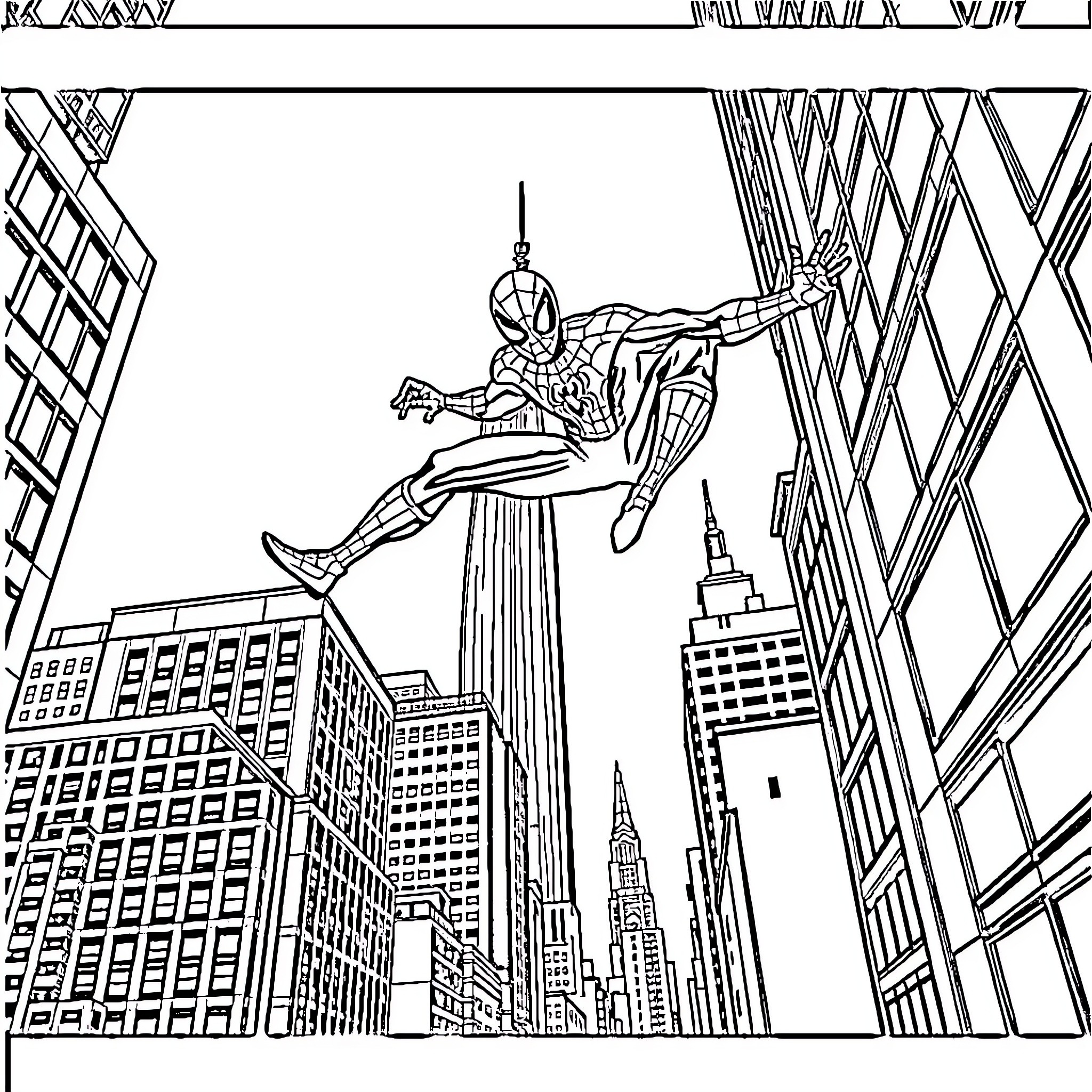 Spiderman swinging through the city skyline Coloring Page (free black-and-white line drawing printable PDF for all, from beginners to advanced learners, including children, teens, adults, and seniors)