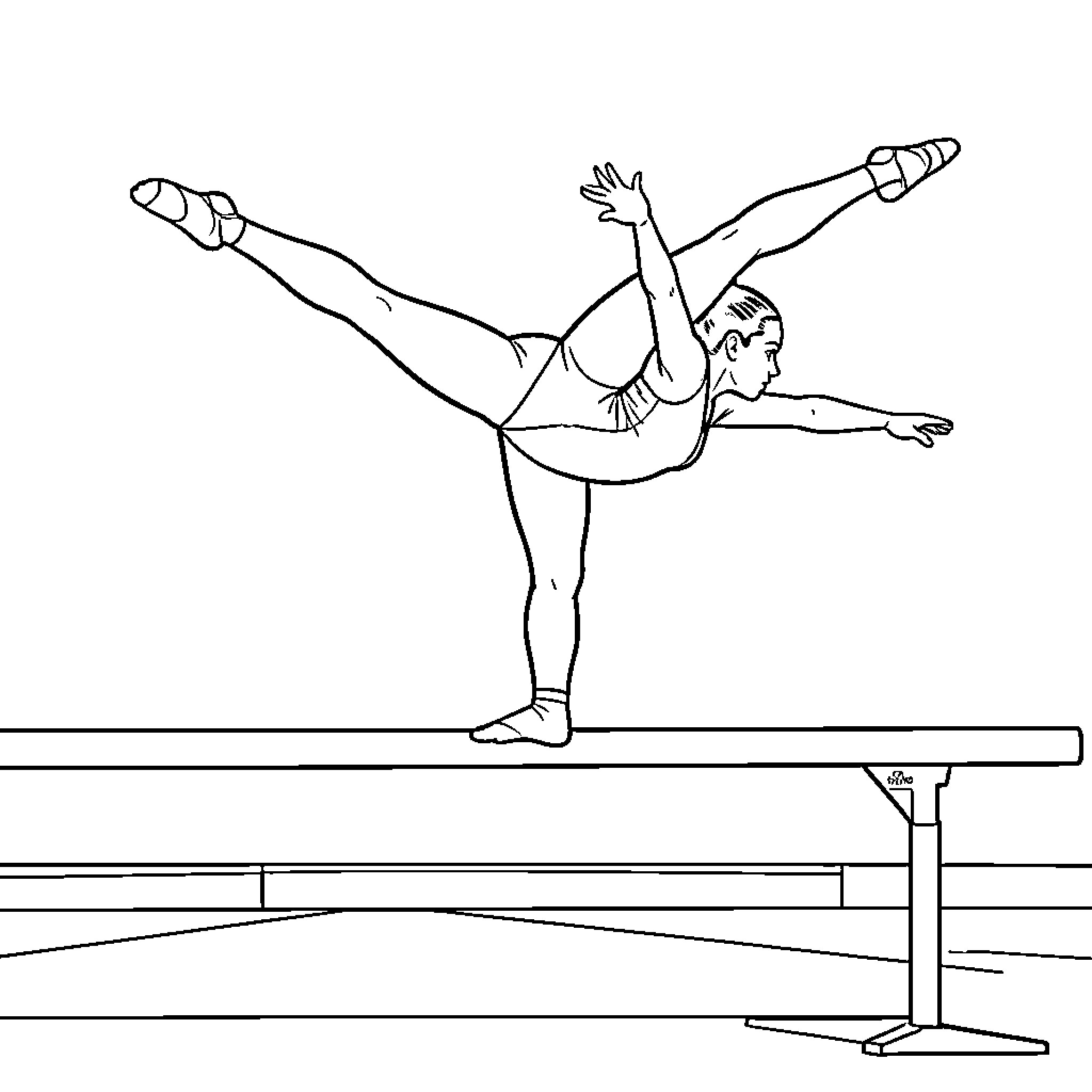 Gymnast performing a balance routine on a beam Coloring Page (free black-and-white line drawing printable PDF for all, from beginners to advanced learners, including children, teens, adults, and seniors)
