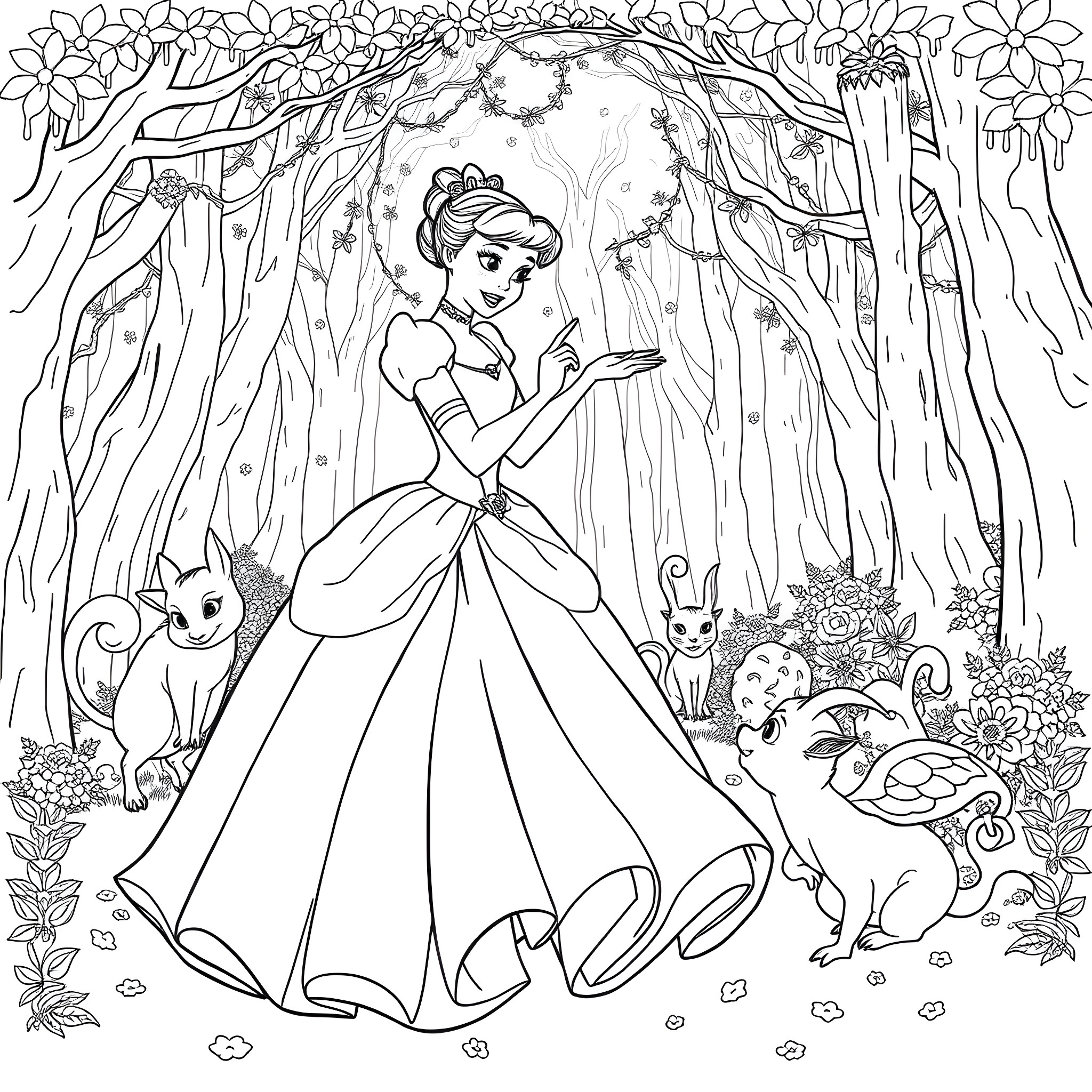 Cinderella's Enchanted Forest Adventure Coloring Page (free black-and-white line drawing printable PDF for all, from beginners to advanced learners, including children, teens, adults, and seniors)