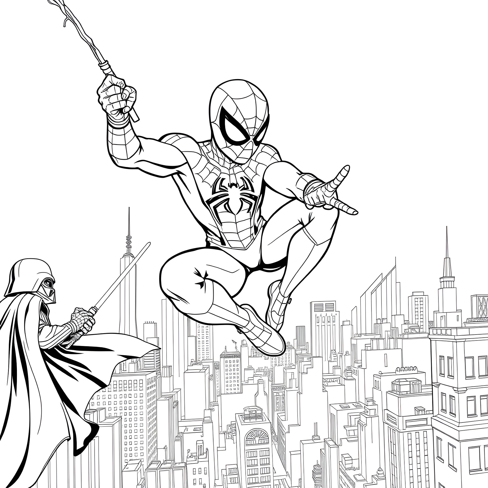 Spiderman swinging through the city with Darth Vader Coloring Page (free black-and-white line drawing printable PDF for all, from beginners to advanced learners, including children, teens, adults, and seniors)