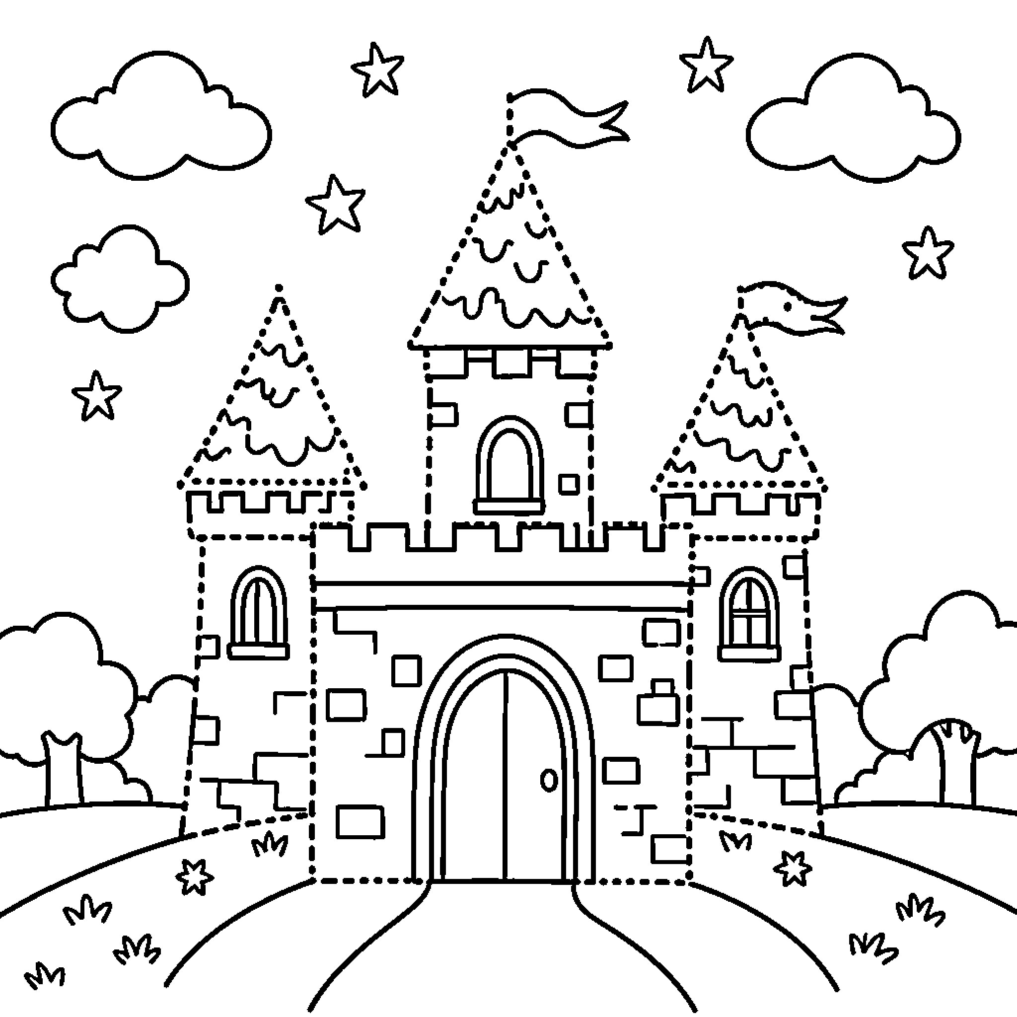 Castle with Whimsical Details and Starry Sky Coloring Page (free black-and-white line drawing printable PDF for all, from beginners to advanced learners, including children, teens, adults, and seniors)