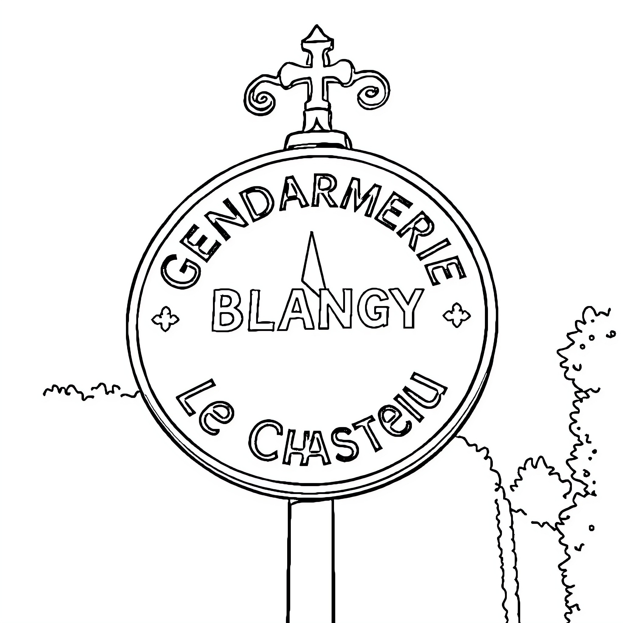 Rondache of Gendarmerie Blangy le Chateau Coloring Page (free black-and-white line drawing printable PDF for all, from beginners to advanced learners, including children, teens, adults, and seniors)