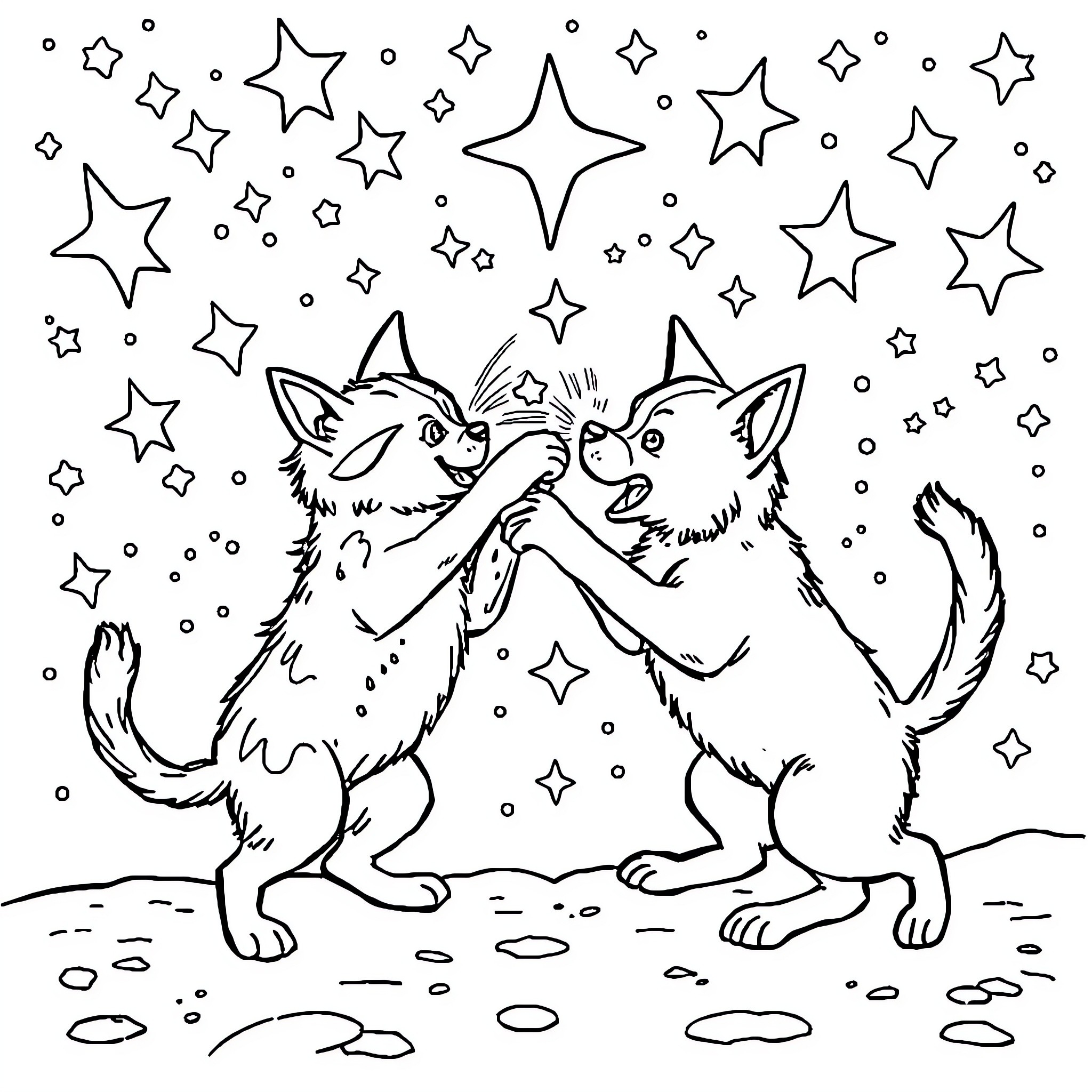 Cat and Dog playing under the starry sky Coloring Page (free black-and-white line drawing printable PDF for all, from beginners to advanced learners, including children, teens, adults, and seniors)