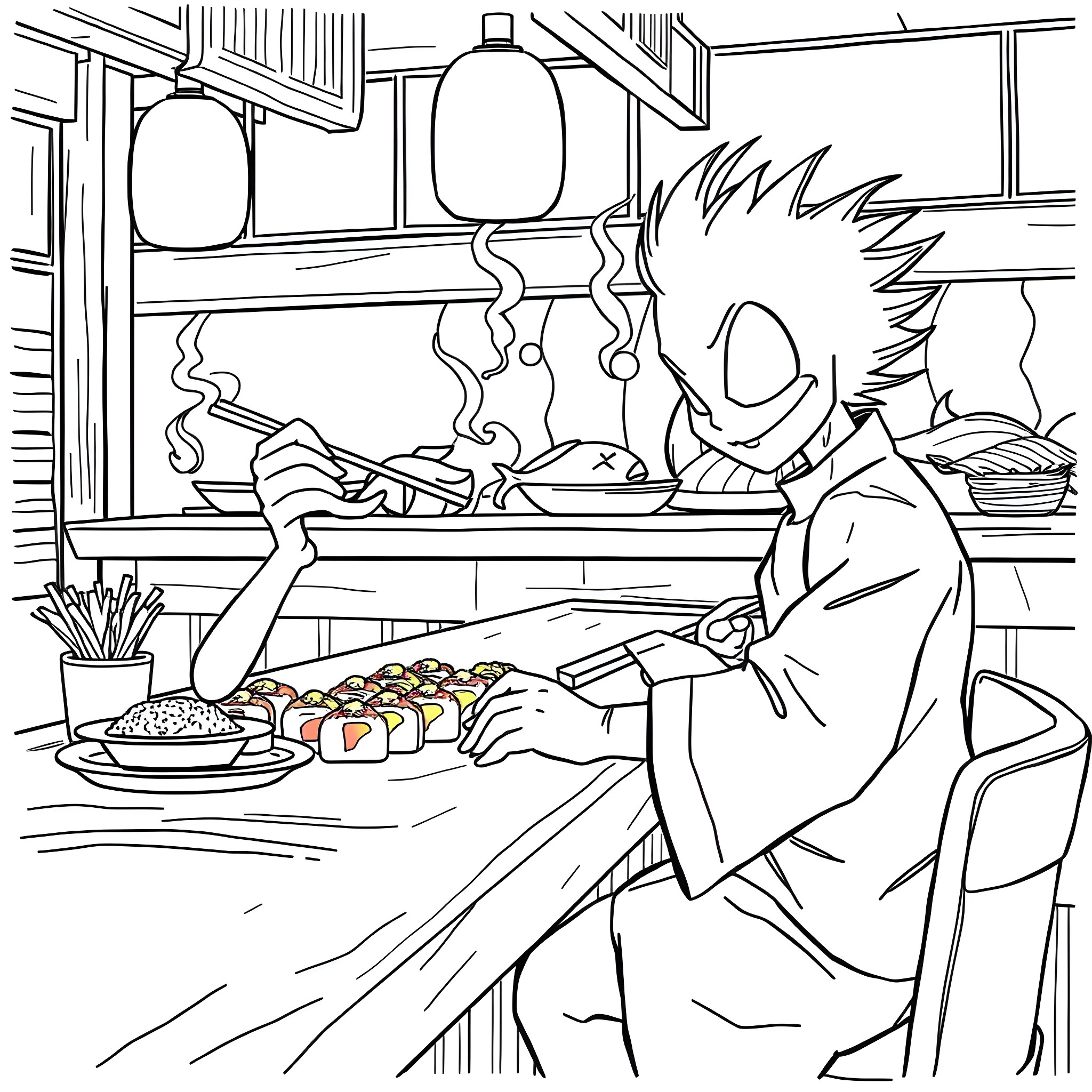 Spawn preparing a Japanese-style meal in a traditional kitchen Coloring Page (free black-and-white line drawing printable PDF for all, from beginners to advanced learners, including children, teens, adults, and seniors)