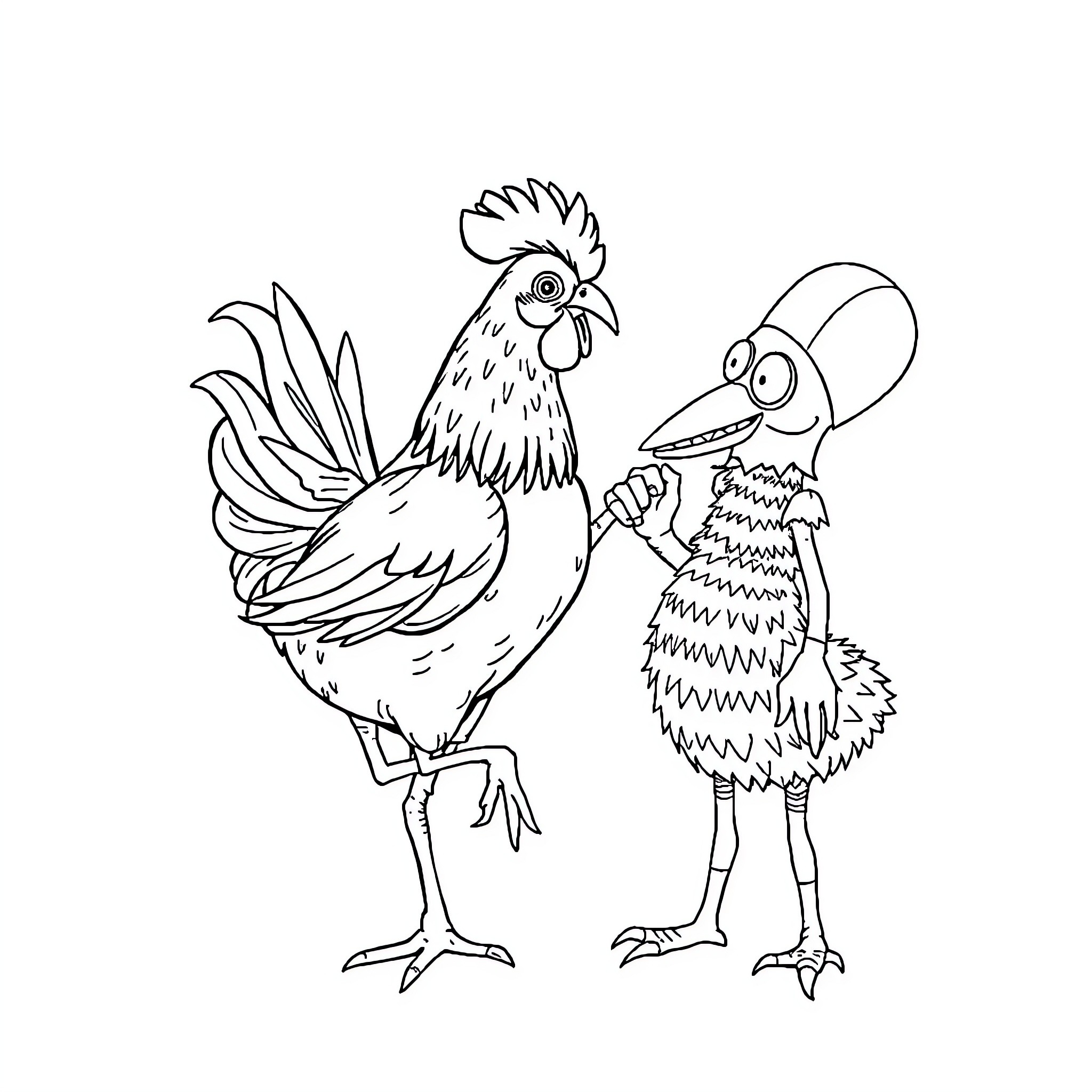 Chicken and chick in black and white illustration Coloring Page (free black-and-white line drawing printable PDF for all, from beginners to advanced learners, including children, teens, adults, and seniors)
