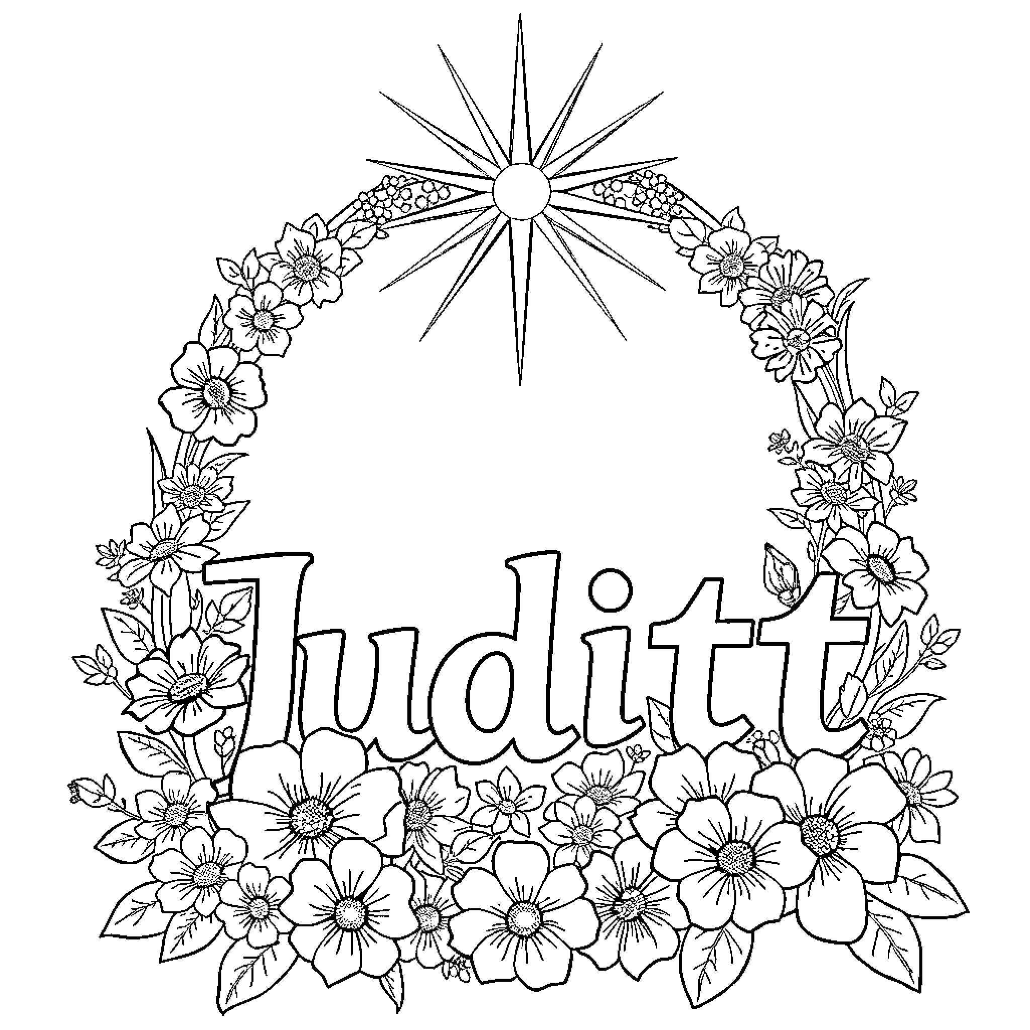 Judith Surrounded by Floral Wreath and Radiant Star Coloring Page (free black-and-white line drawing printable PDF for all, from beginners to advanced learners, including children, teens, adults, and seniors)