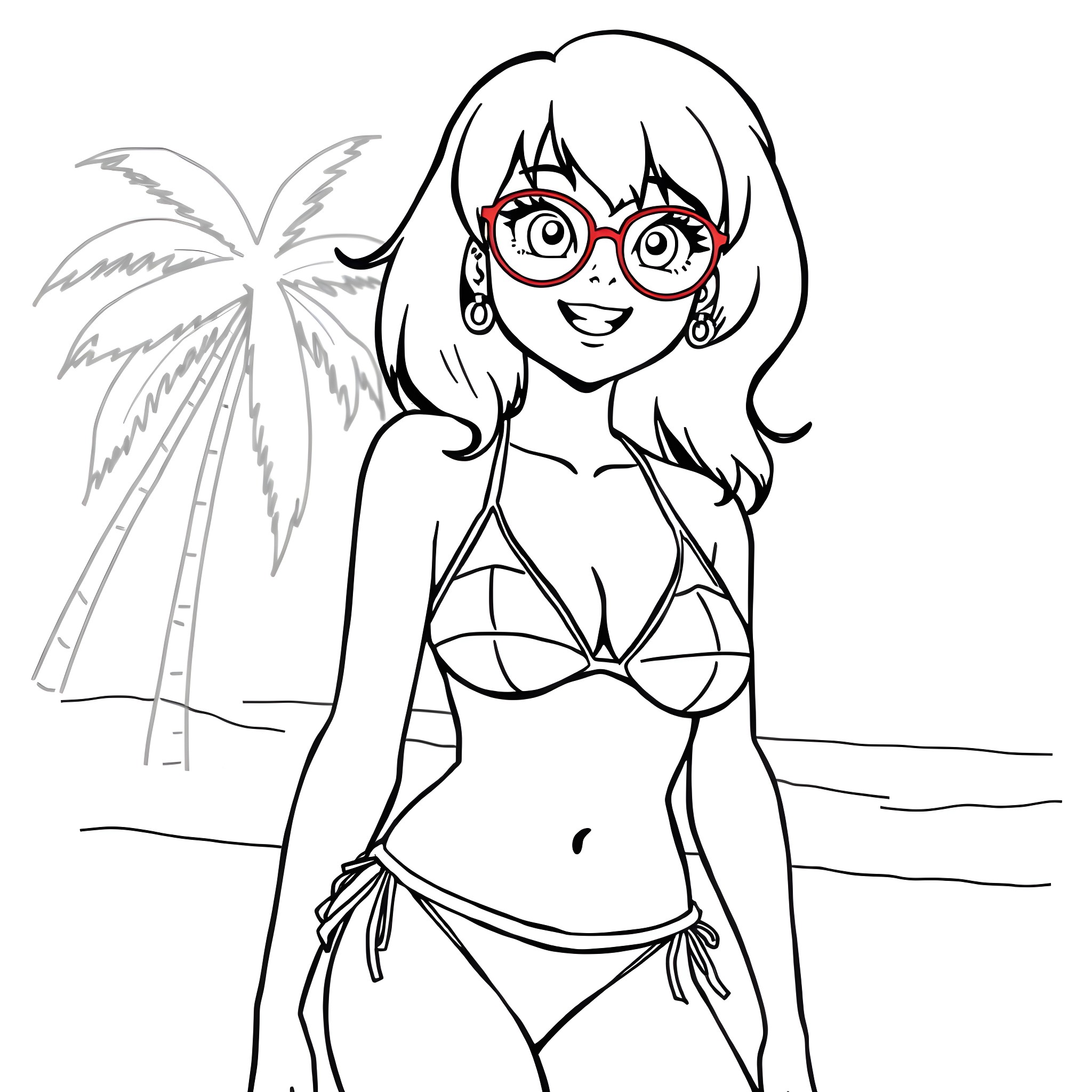 Velma relaxing on the beach in her swimsuit Coloring Page (free black-and-white line drawing printable PDF for all, from beginners to advanced learners, including children, teens, adults, and seniors)