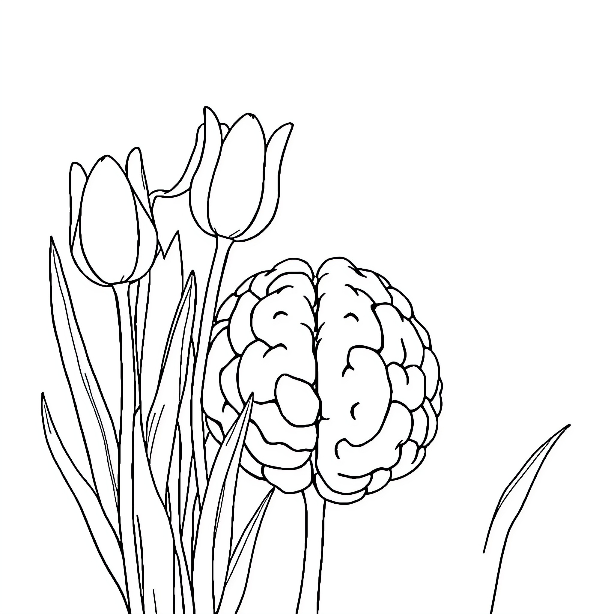Tulip and Brain Intertwine in Artistic Display Coloring Page (free black-and-white line drawing printable PDF for all, from beginners to advanced learners, including children, teens, adults, and seniors)