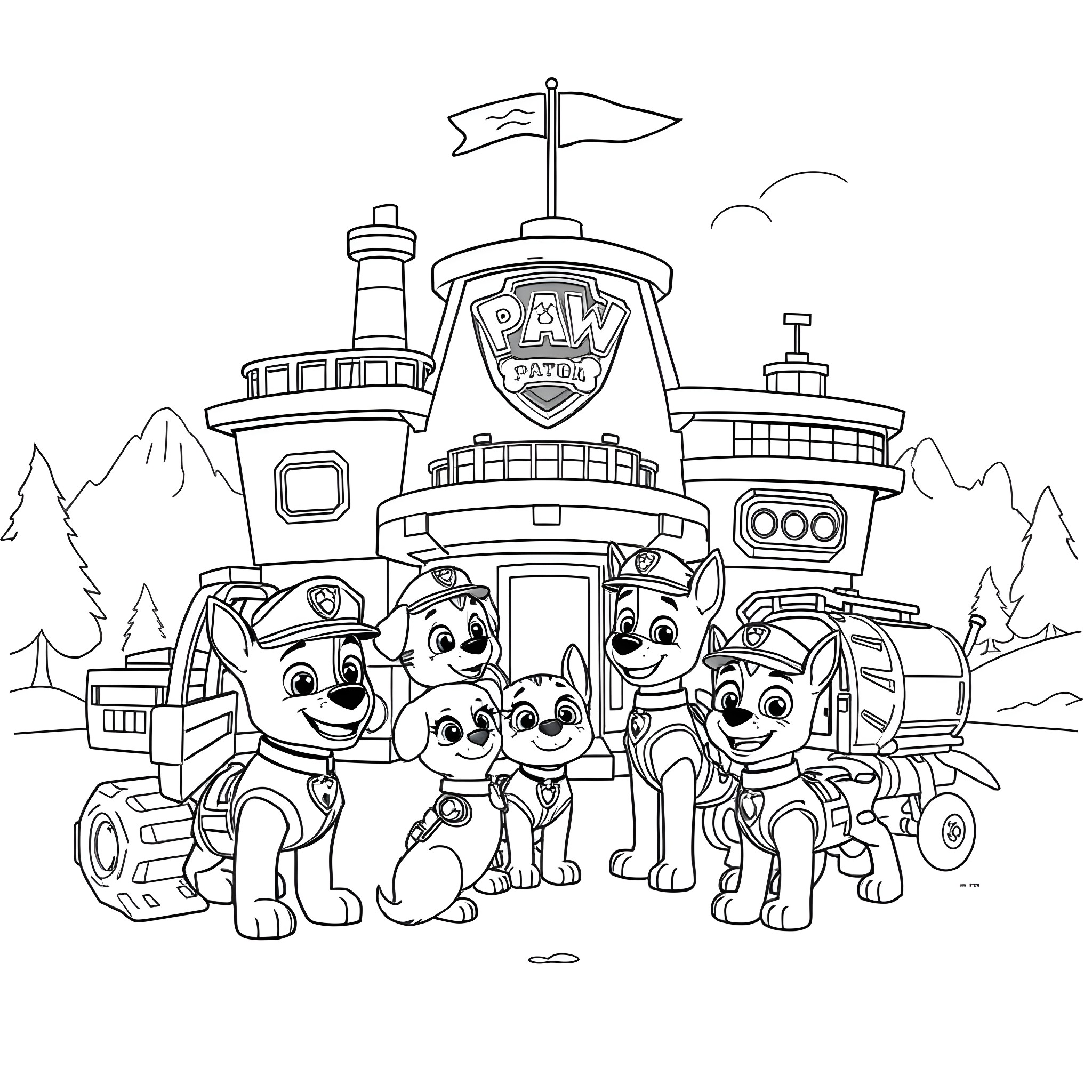 Paw Patrol team ready for adventure Coloring Page (free black-and-white line drawing printable PDF for all, from beginners to advanced learners, including children, teens, adults, and seniors)