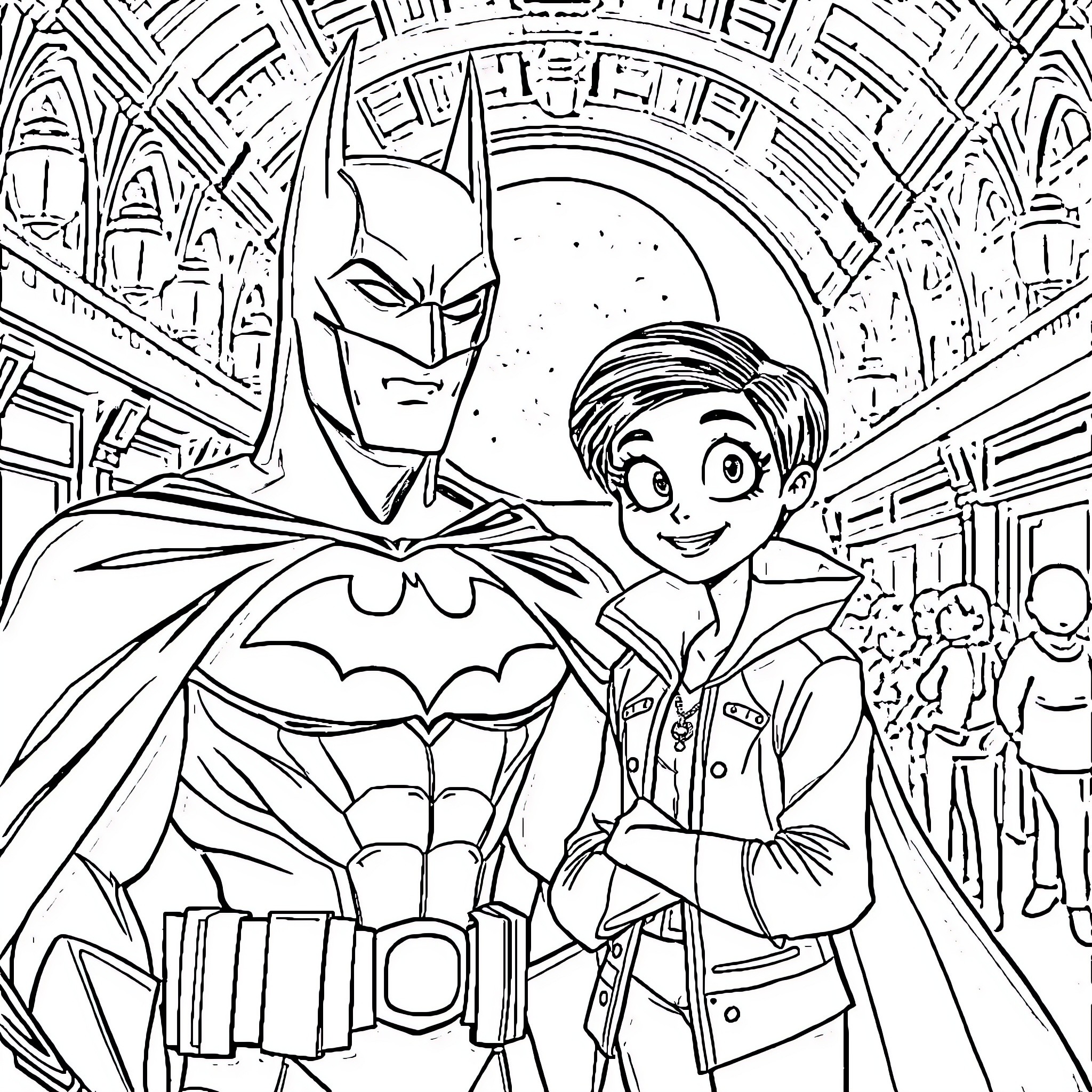 Batman and his young sidekick explore the city Coloring Page (free black-and-white line drawing printable PDF for all, from beginners to advanced learners, including children, teens, adults, and seniors)