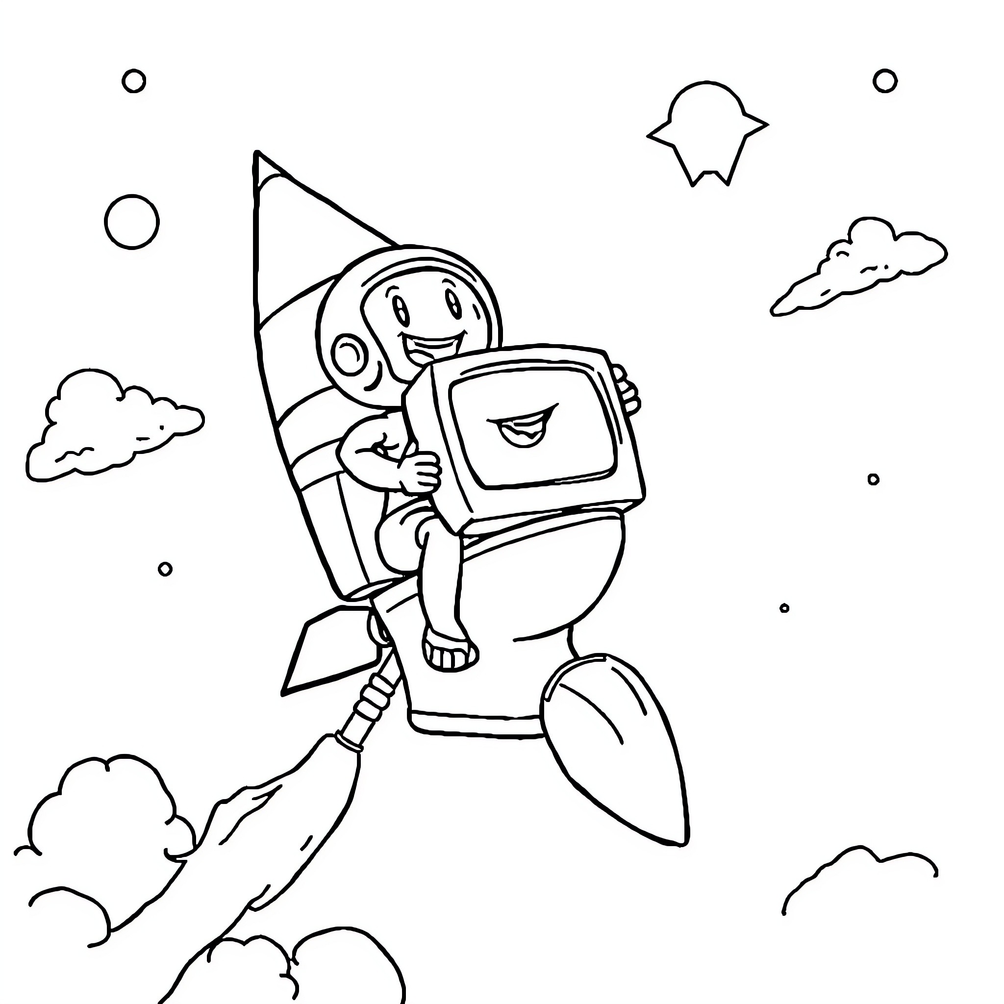 Skibidi Toilet Rocket Ship Adventure Coloring Page (free black-and-white line drawing printable PDF for all, from beginners to advanced learners, including children, teens, adults, and seniors)
