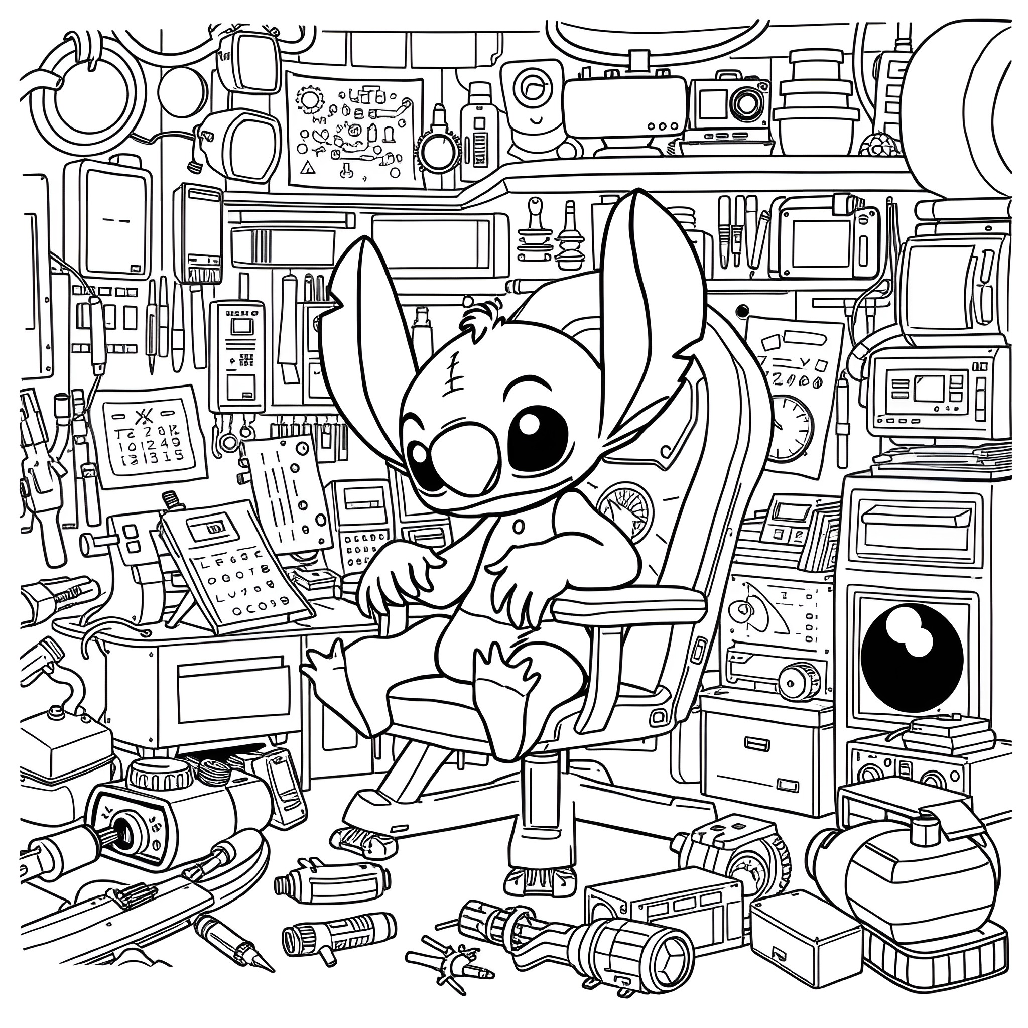 Stitch surrounded by various gadgets and electronics Coloring Page (free black-and-white line drawing printable PDF for all, from beginners to advanced learners, including children, teens, adults, and seniors)