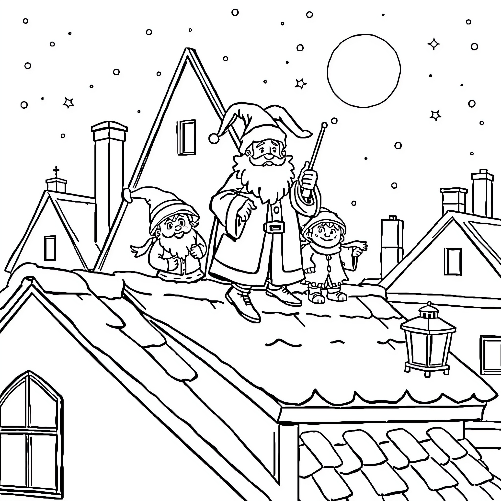 Sinterklaas and his helpers in a festive winter town scene Coloring Page (free black-and-white line drawing printable PDF for all, from beginners to advanced learners, including children, teens, adults, and seniors)