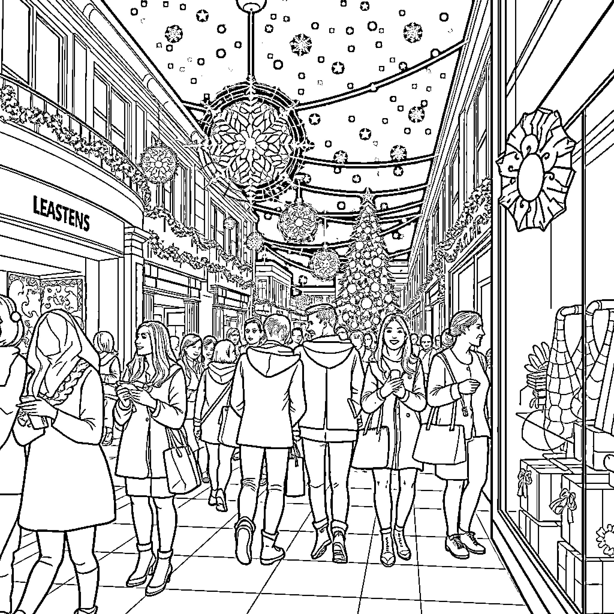 Christmas shopping in a bustling city street Coloring Page (free black-and-white line drawing printable PDF for all, from beginners to advanced learners, including children, teens, adults, and seniors)