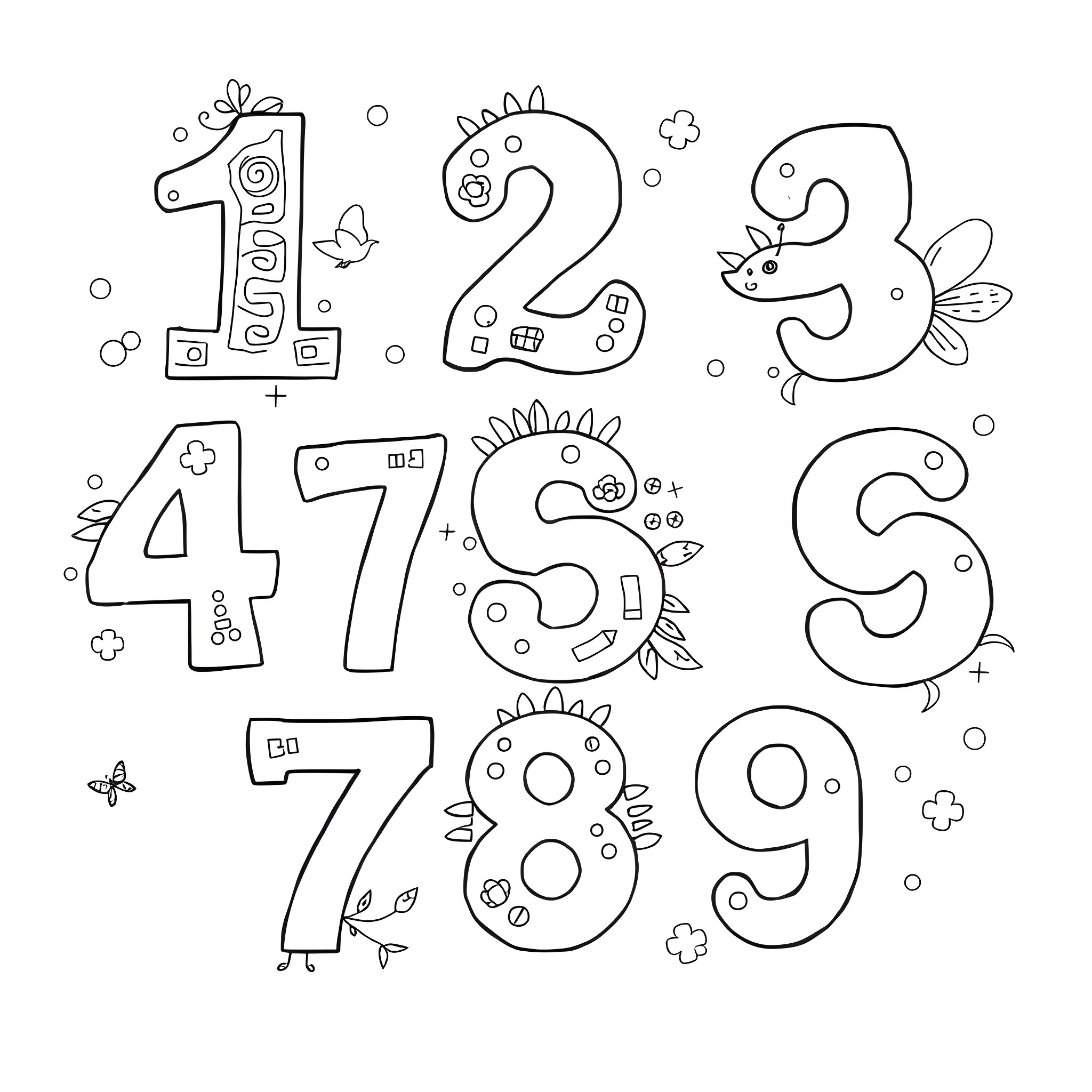 Number Animals and Shapes in Doodle Style Coloring Page (free black-and-white line drawing printable PDF for all, from beginners to advanced learners, including children, teens, adults, and seniors)