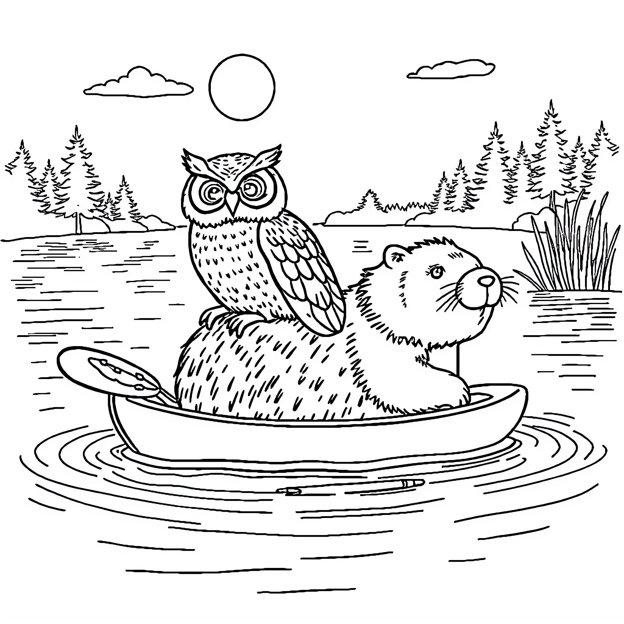 Owl and Beaver Enjoying Nature in a Boat Coloring Page (free black-and-white line drawing printable PDF for all, from beginners to advanced learners, including children, teens, adults, and seniors)