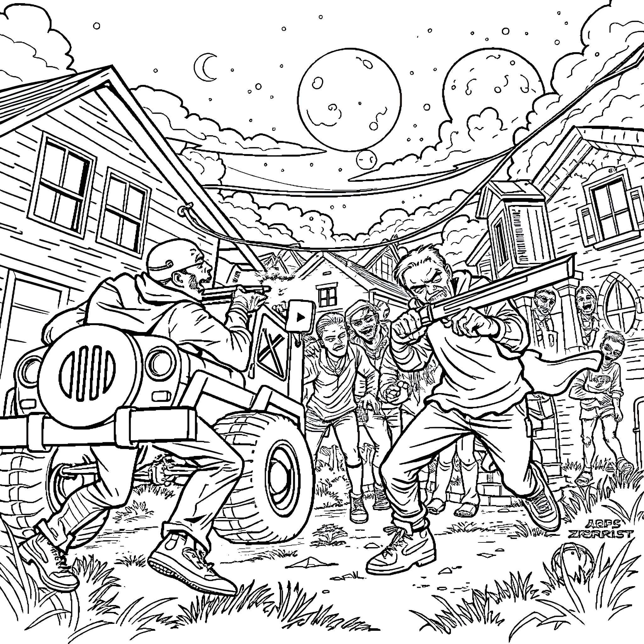 Zombie Invasion in a Small Town Coloring Page (free black-and-white line drawing printable PDF for all, from beginners to advanced learners, including children, teens, adults, and seniors)