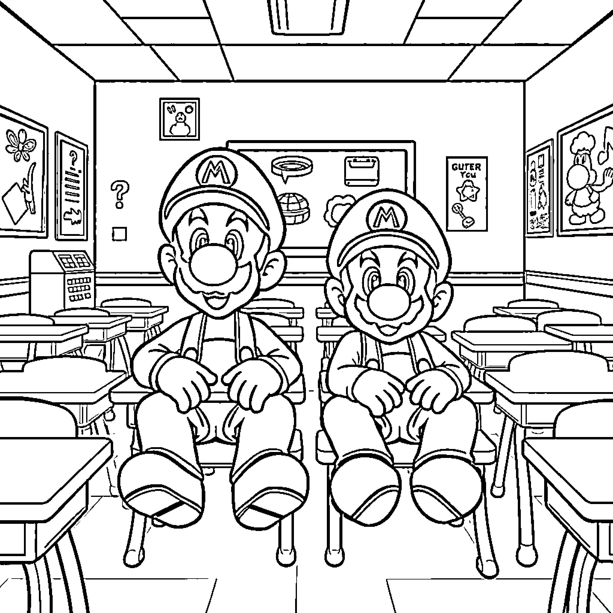 Mario and Luigi Sitting in a Classroom Coloring Page (free black-and-white line drawing printable PDF for all, from beginners to advanced learners, including children, teens, adults, and seniors)