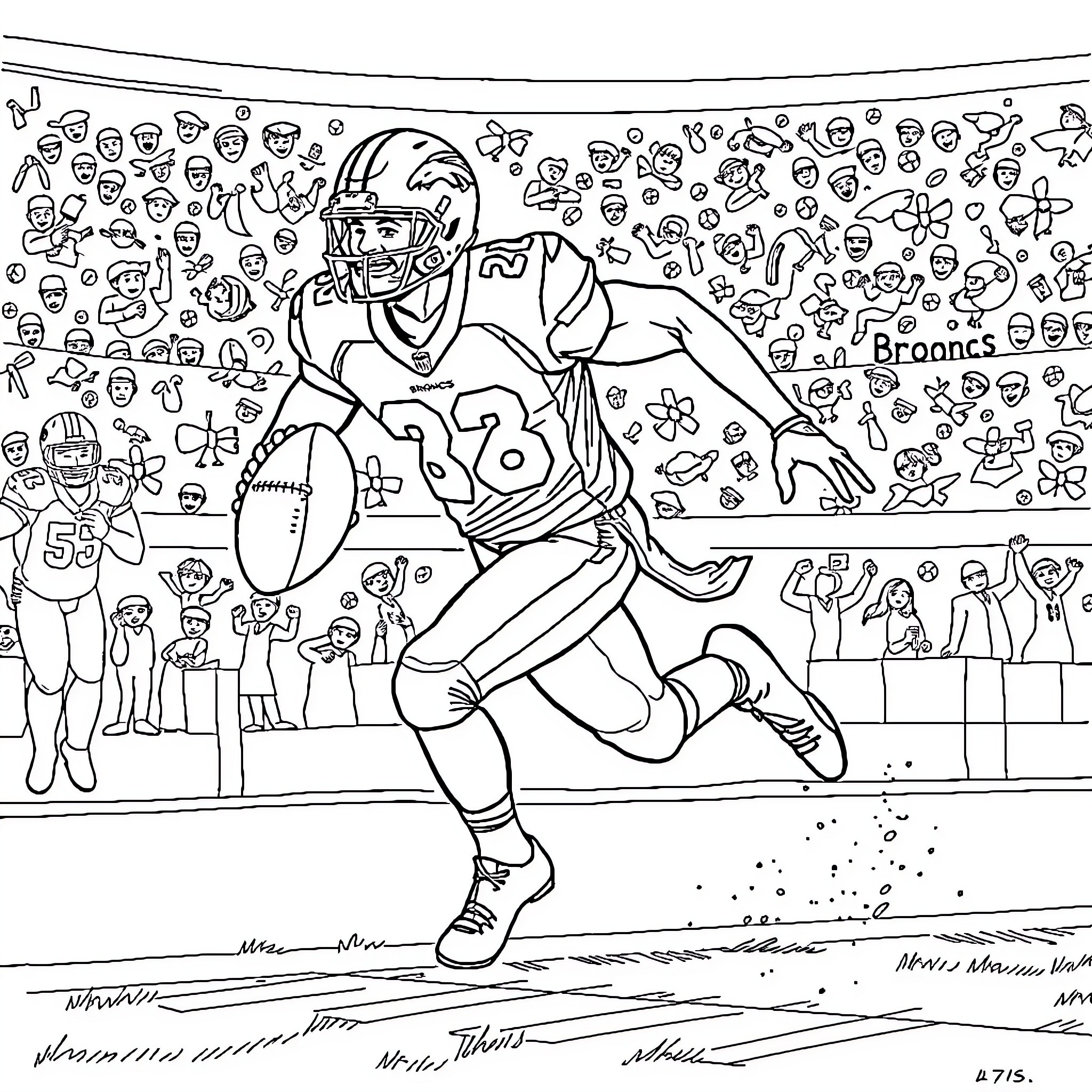 Bronco player running on the field with energetic crowd Coloring Page (free black-and-white line drawing printable PDF for all, from beginners to advanced learners, including children, teens, adults, and seniors)