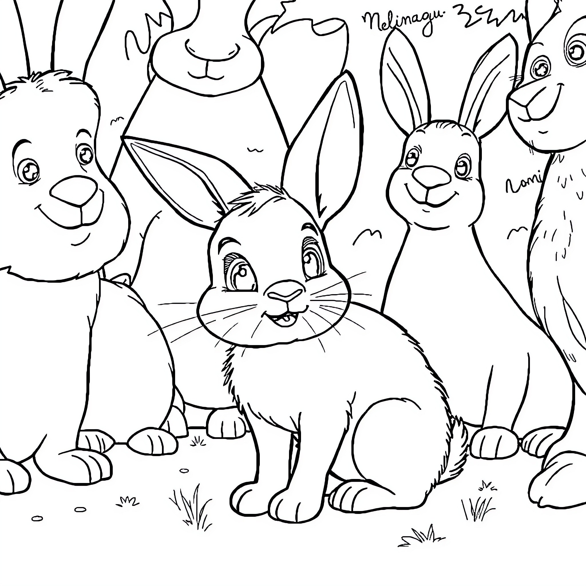 Rabbit friends playing together in a meadow Coloring Page (free black-and-white line drawing printable PDF for all, from beginners to advanced learners, including children, teens, adults, and seniors)