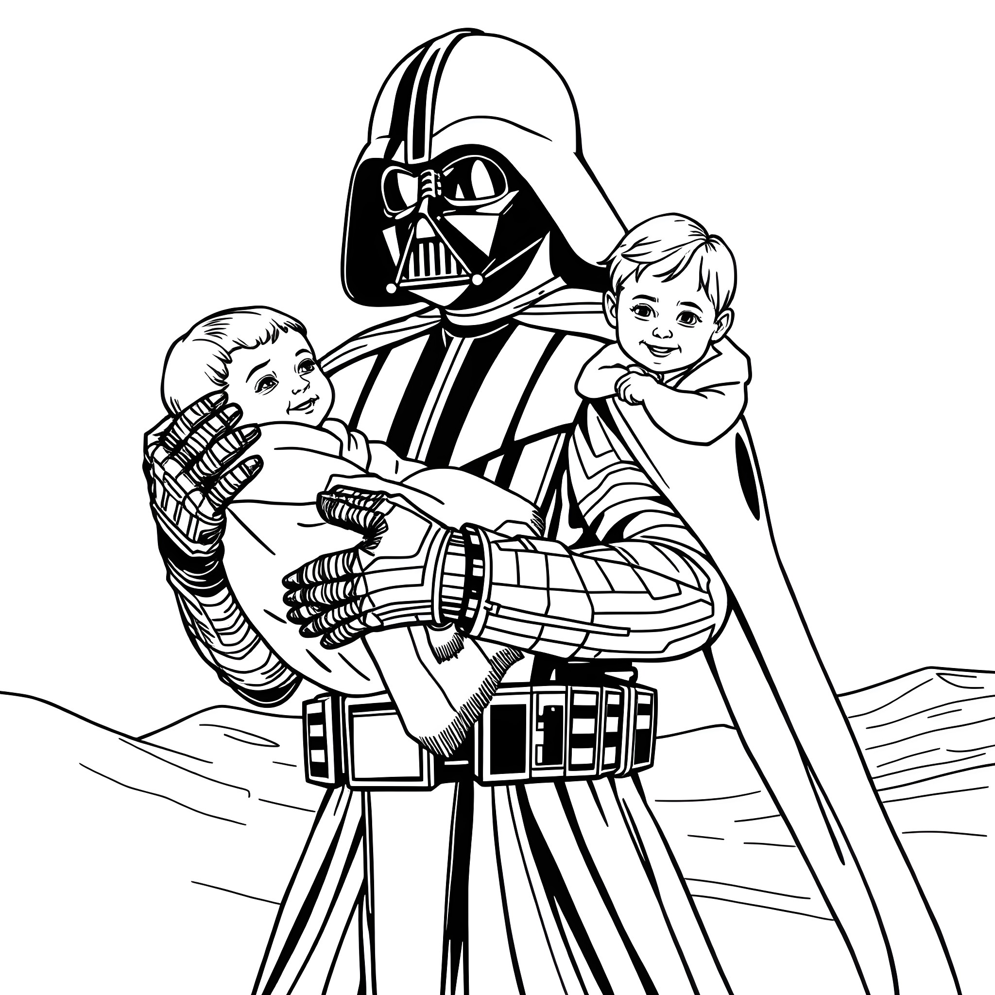 Darth Vader protecting young children Coloring Page (free black-and-white line drawing printable PDF for all, from beginners to advanced learners, including children, teens, adults, and seniors)