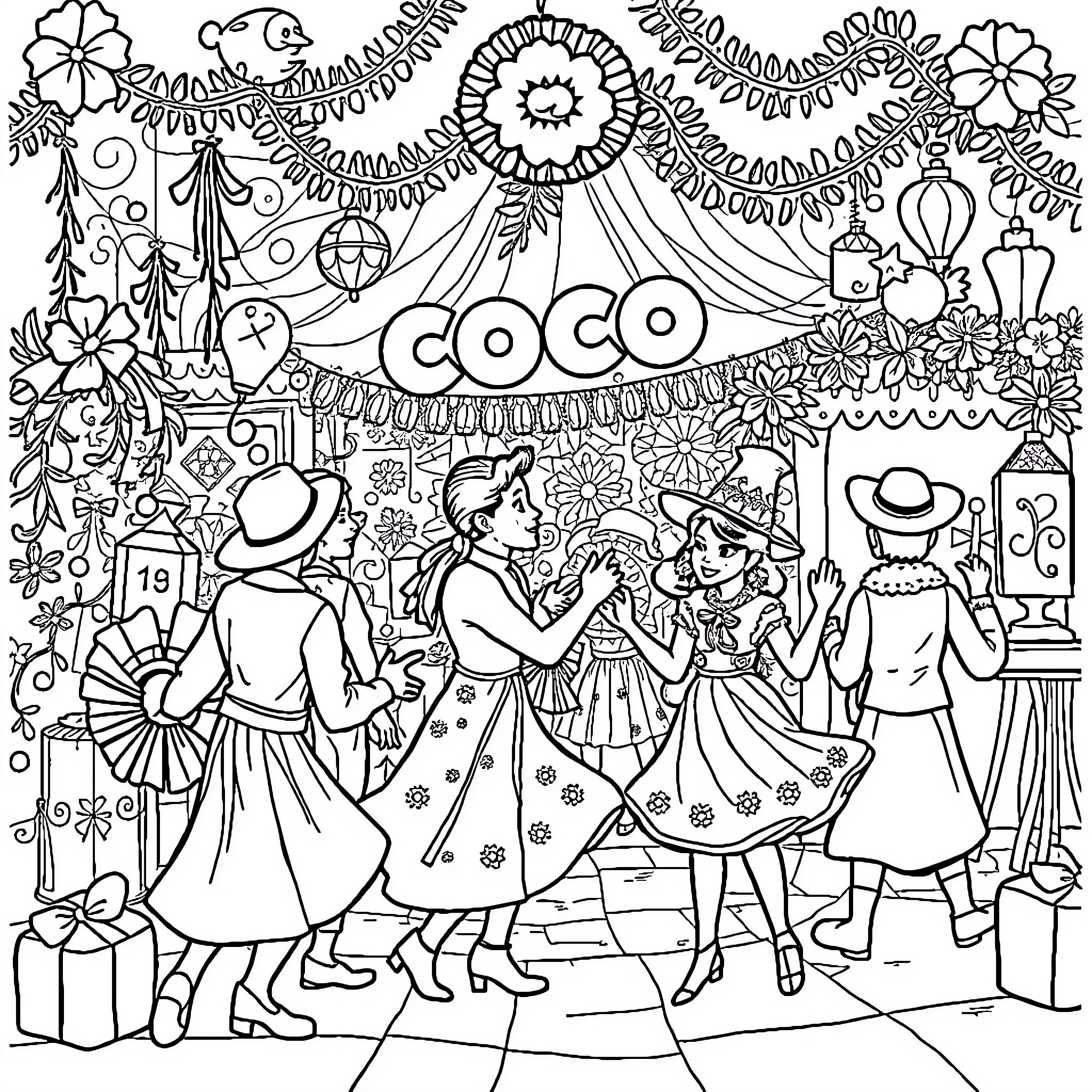 Coco: Celebratory Scenes of Music, Dance, and Festivity Coloring Page (free black-and-white line drawing printable PDF for all, from beginners to advanced learners, including children, teens, adults, and seniors)