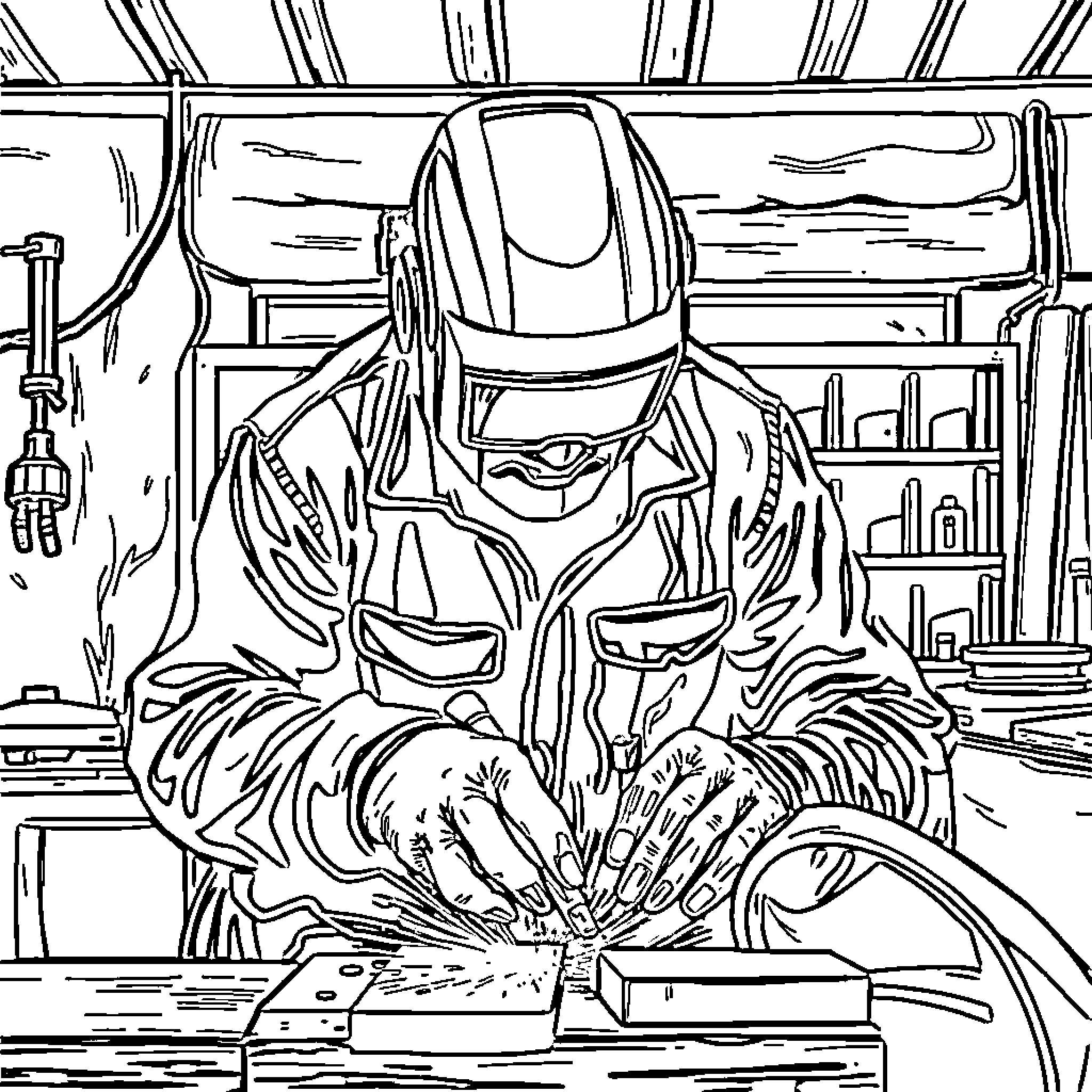Man welding in workshop surrounded by tools Coloring Page (free black-and-white line drawing printable PDF for all, from beginners to advanced learners, including children, teens, adults, and seniors)
