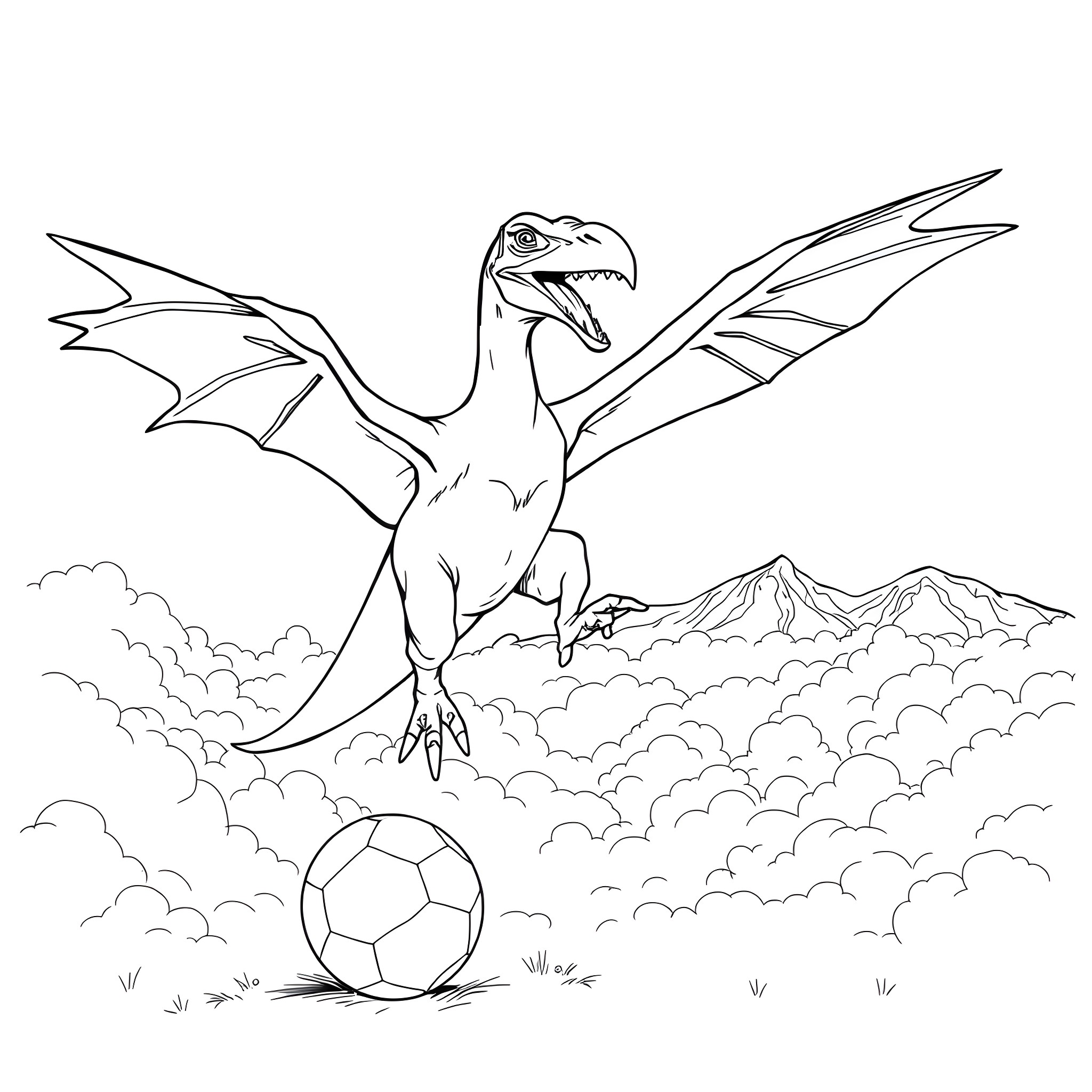 Pterodactyl playing with a soccer ball in the clouds Coloring Page (free black-and-white line drawing printable PDF for all, from beginners to advanced learners, including children, teens, adults, and seniors)
