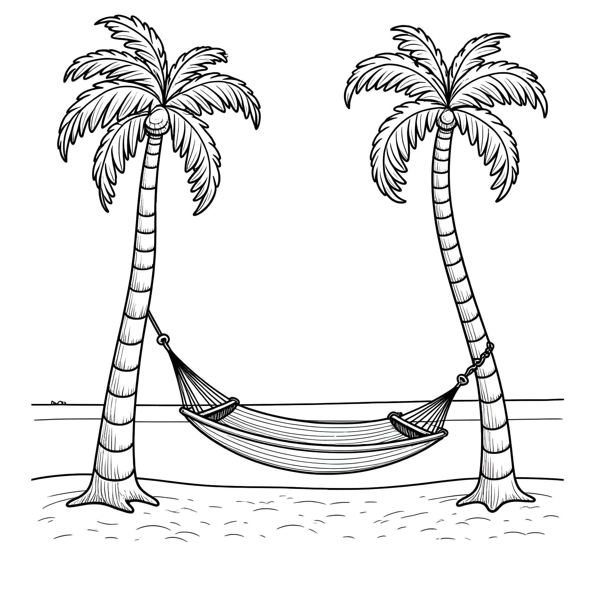 Hammock between palm trees in tropical paradise Coloring Page (free black-and-white line drawing printable PDF for all, from beginners to advanced learners, including children, teens, adults, and seniors)