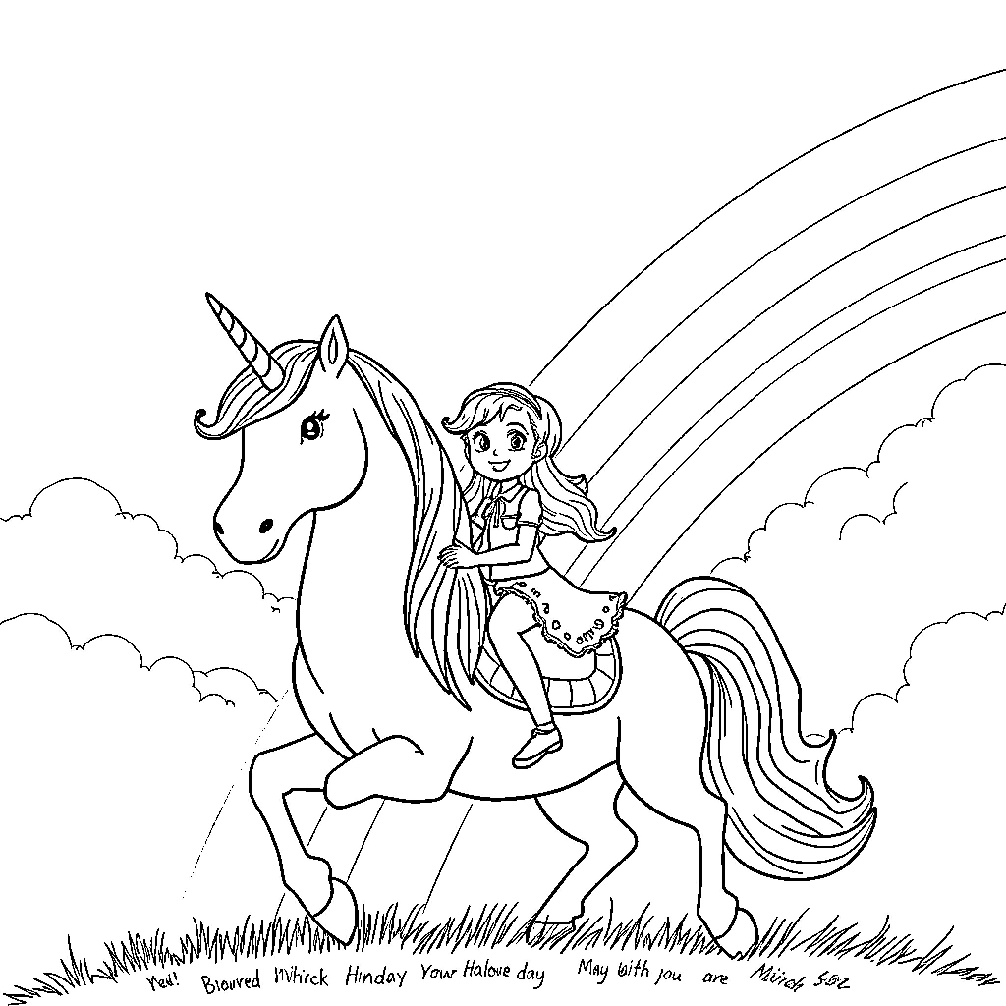 Unicorn riding joyfully with young girl Coloring Page (free black-and-white line drawing printable PDF for all, from beginners to advanced learners, including children, teens, adults, and seniors)