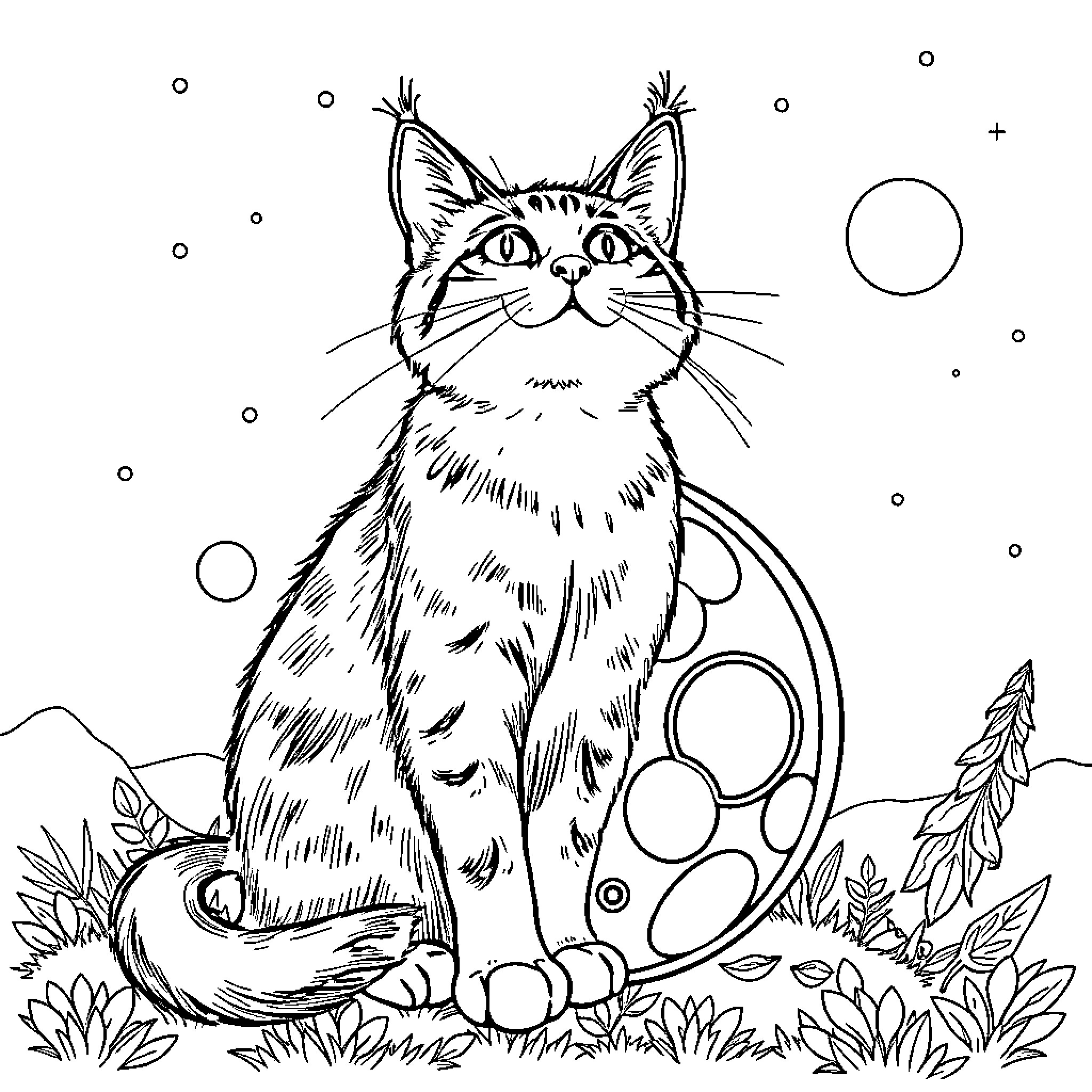Cat lounging in enchanted forest Coloring Page (free black-and-white line drawing printable PDF for all, from beginners to advanced learners, including children, teens, adults, and seniors)