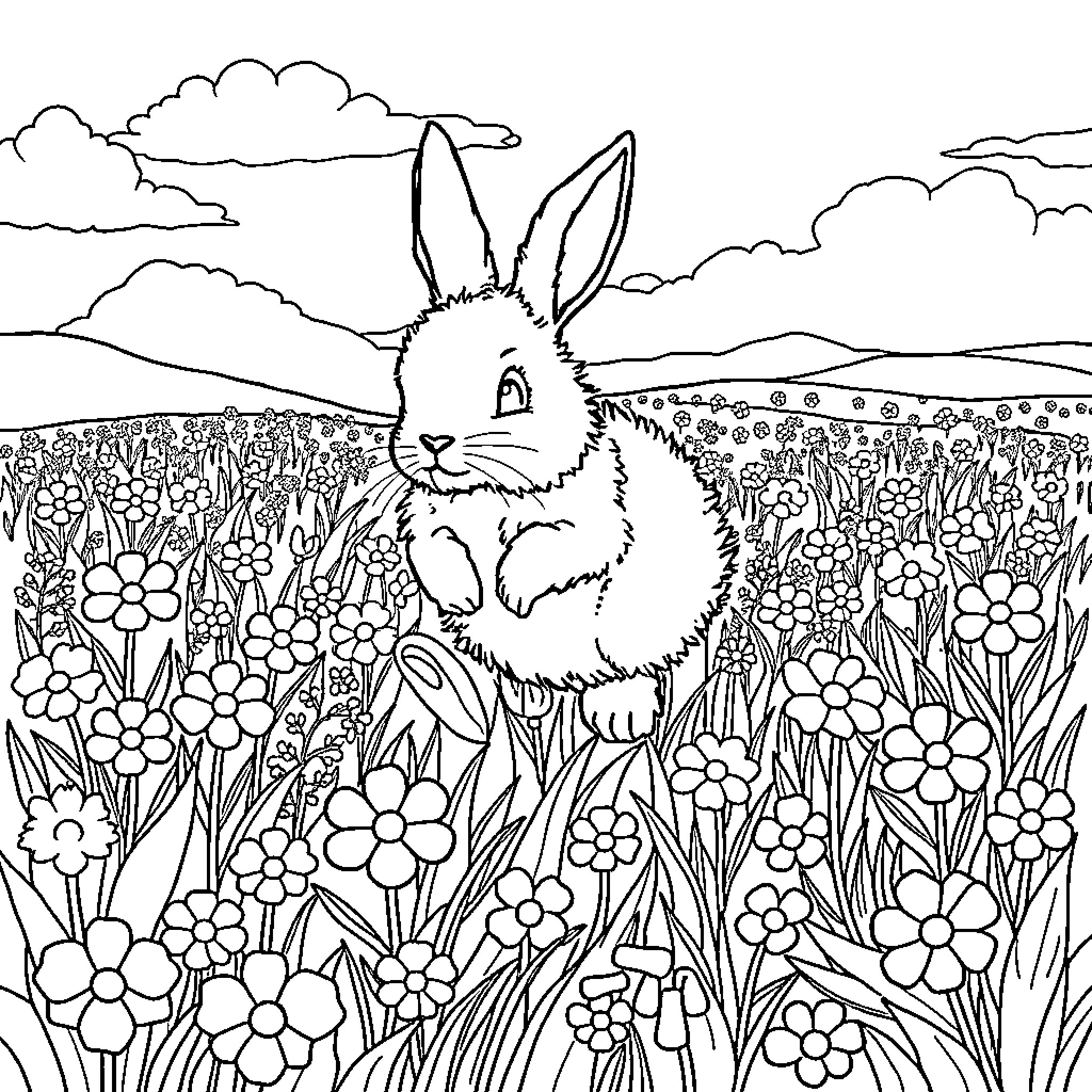 Bunny enjoying a flowery meadow Coloring Page (free black-and-white line drawing printable PDF for all, from beginners to advanced learners, including children, teens, adults, and seniors)