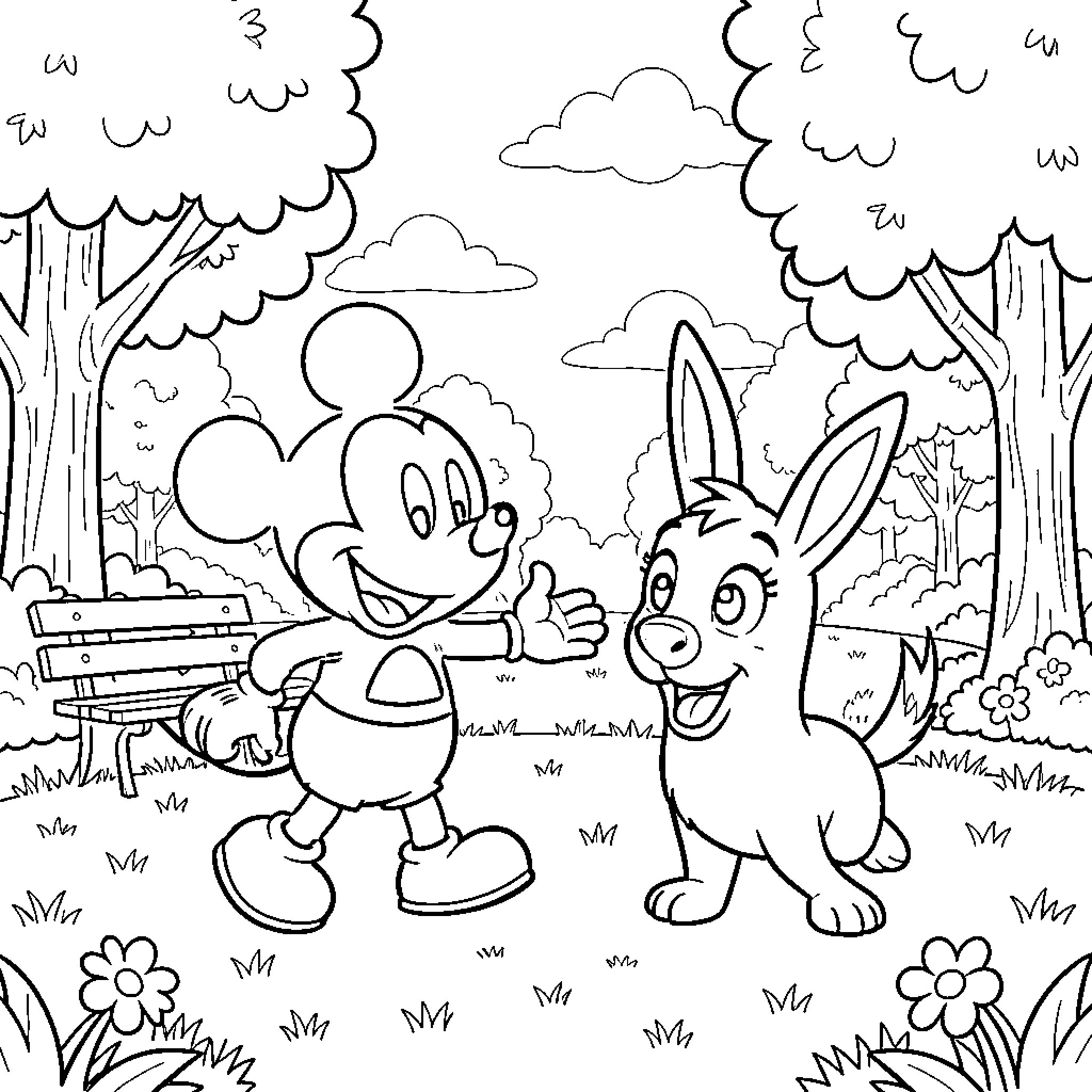 Mickey Mouse waving happily to a small bunny Coloring Page (free black-and-white line drawing printable PDF for all, from beginners to advanced learners, including children, teens, adults, and seniors)