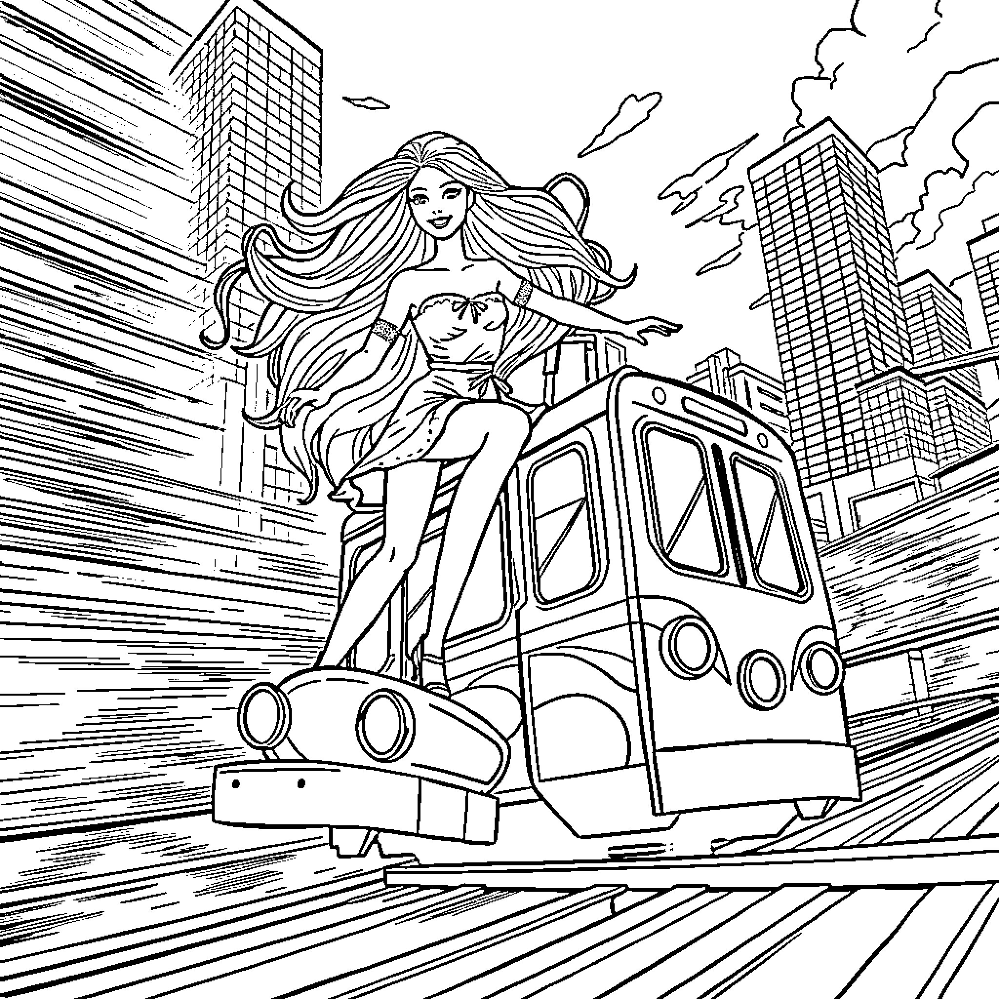 Barbie riding on a fast-moving train through the city Coloring Page (free black-and-white line drawing printable PDF for all, from beginners to advanced learners, including children, teens, adults, and seniors)