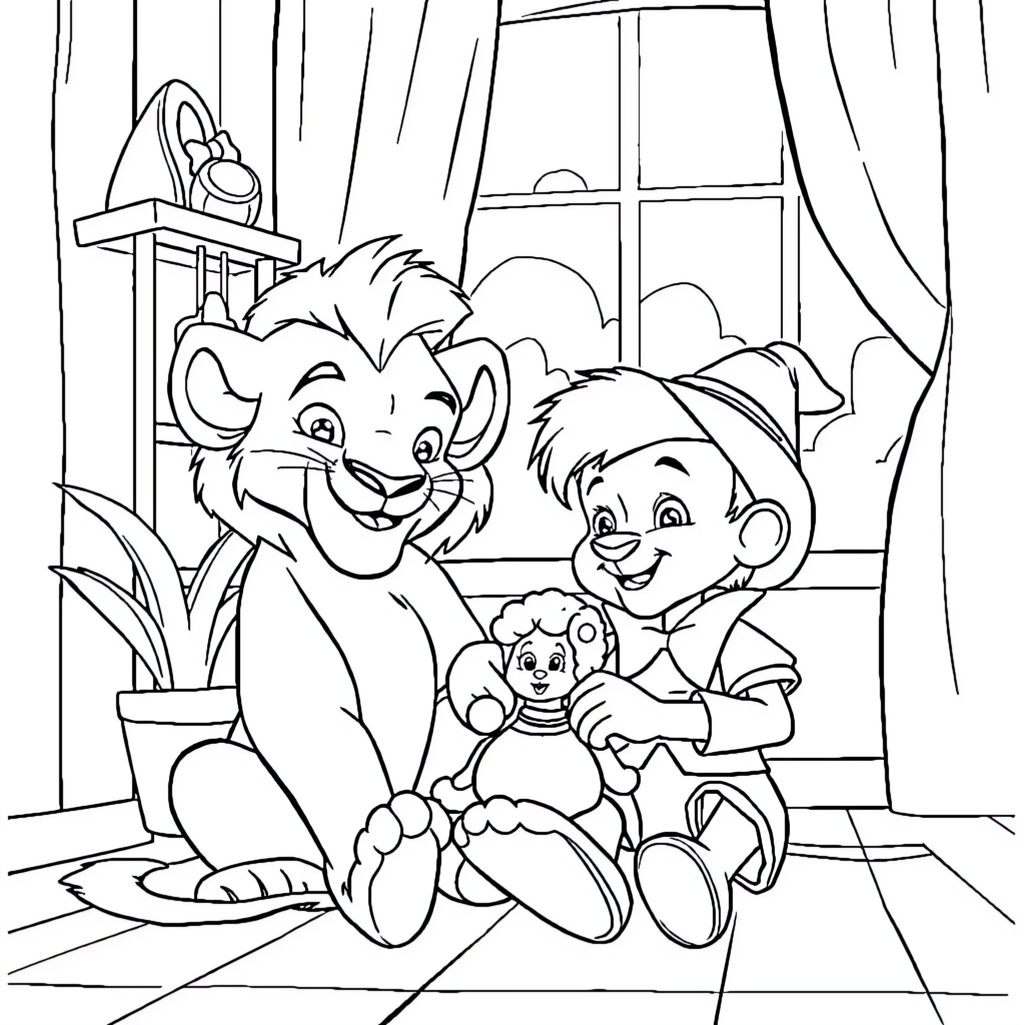 Simba playing happily with friends in cozy room Coloring Page (free black-and-white line drawing printable PDF for all, from beginners to advanced learners, including children, teens, adults, and seniors)